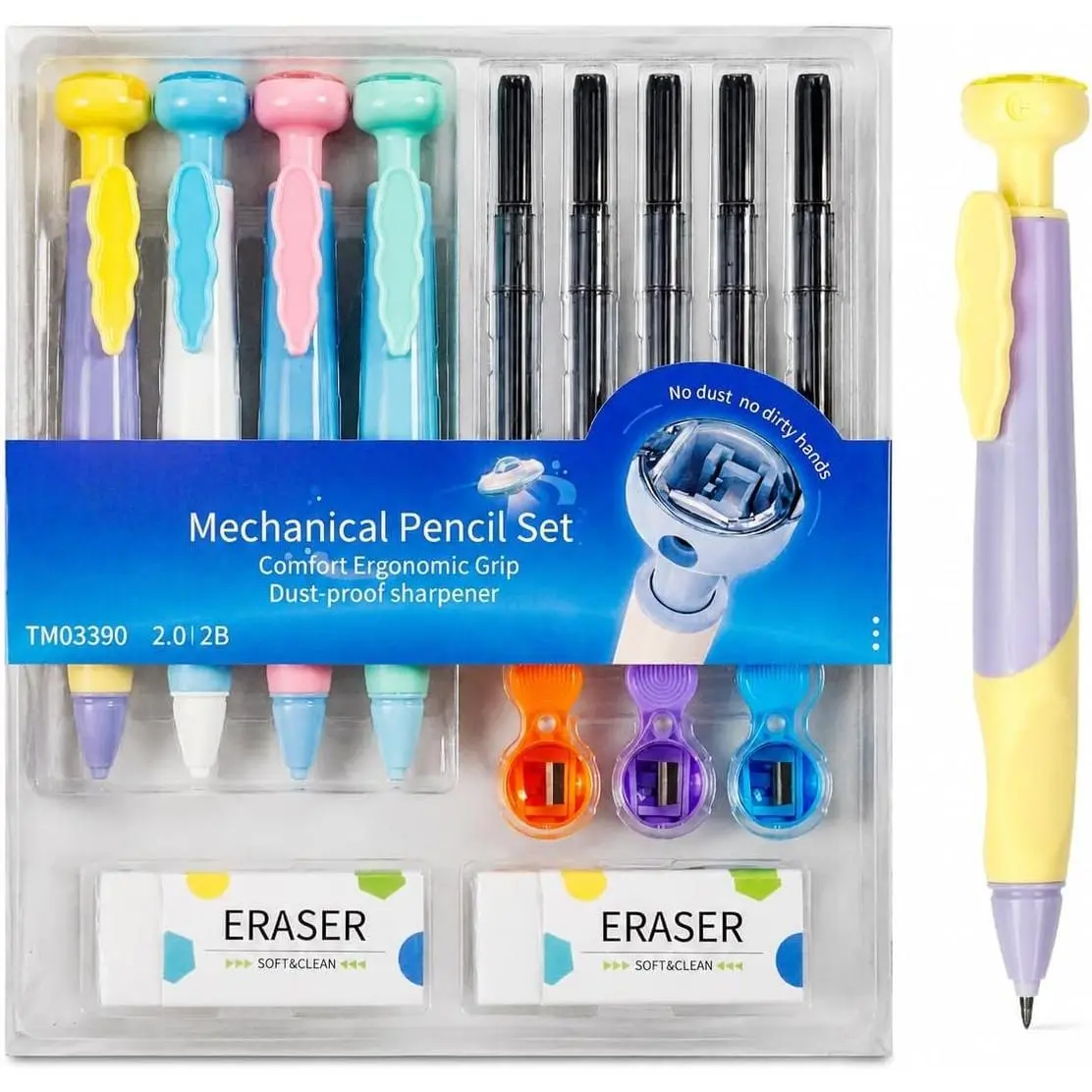 Dust Proof 2.0mm Mechanical Pencil for  with  Grip 4Pack | Mechanical Pencils with 2 Erasers、25 Refills & 3 Sharpeners,Mechanical Pencils Bulk for School or Office Supplies