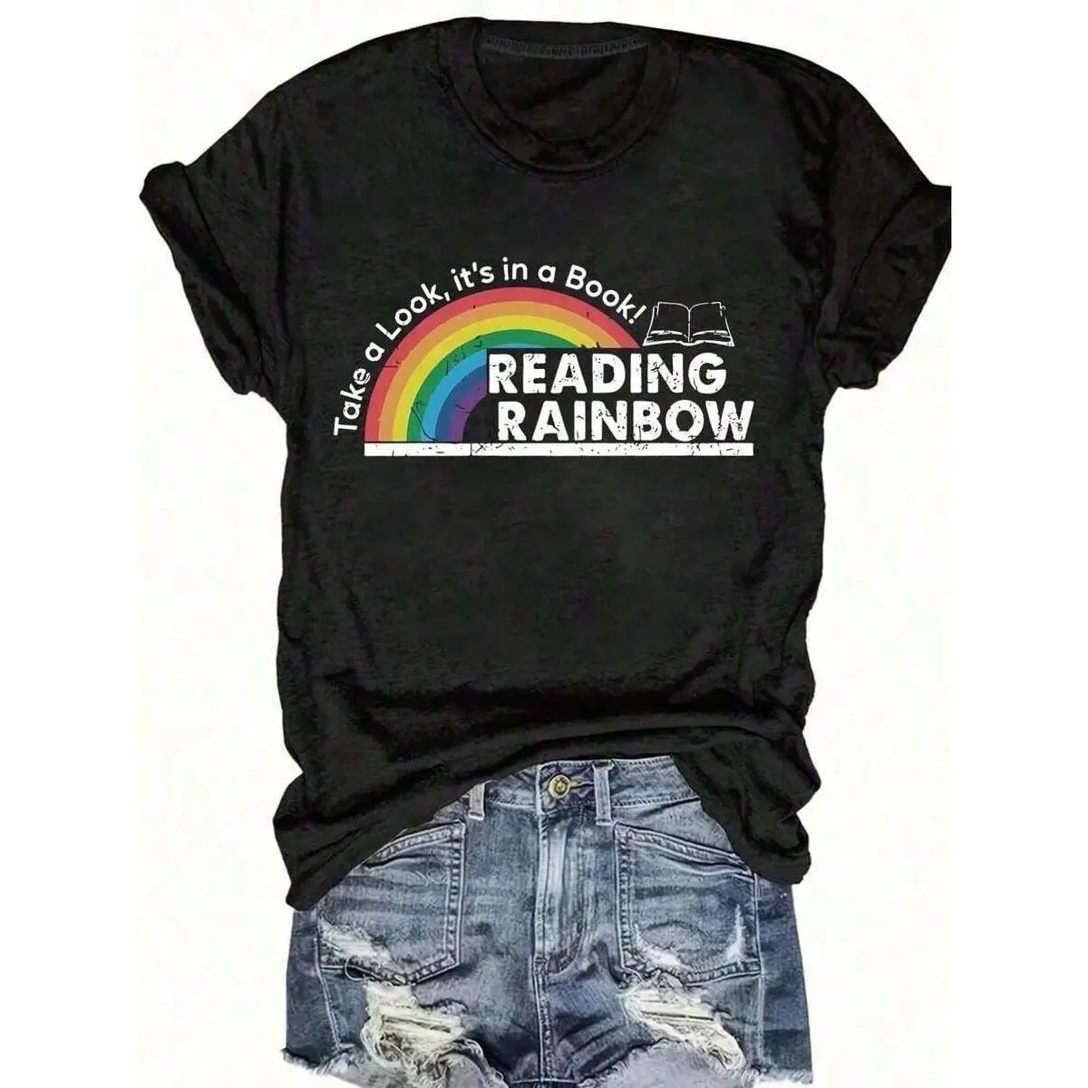 Reading Lover Rainbow Graphic Tee Vintage Wash Aesthetic Premium Cotton Tshirt Bookworm Literature T Shirt Women Short Sleeve Crewneck Top Fun Gift Men Loose Casual Top Oversized Summer Outfit