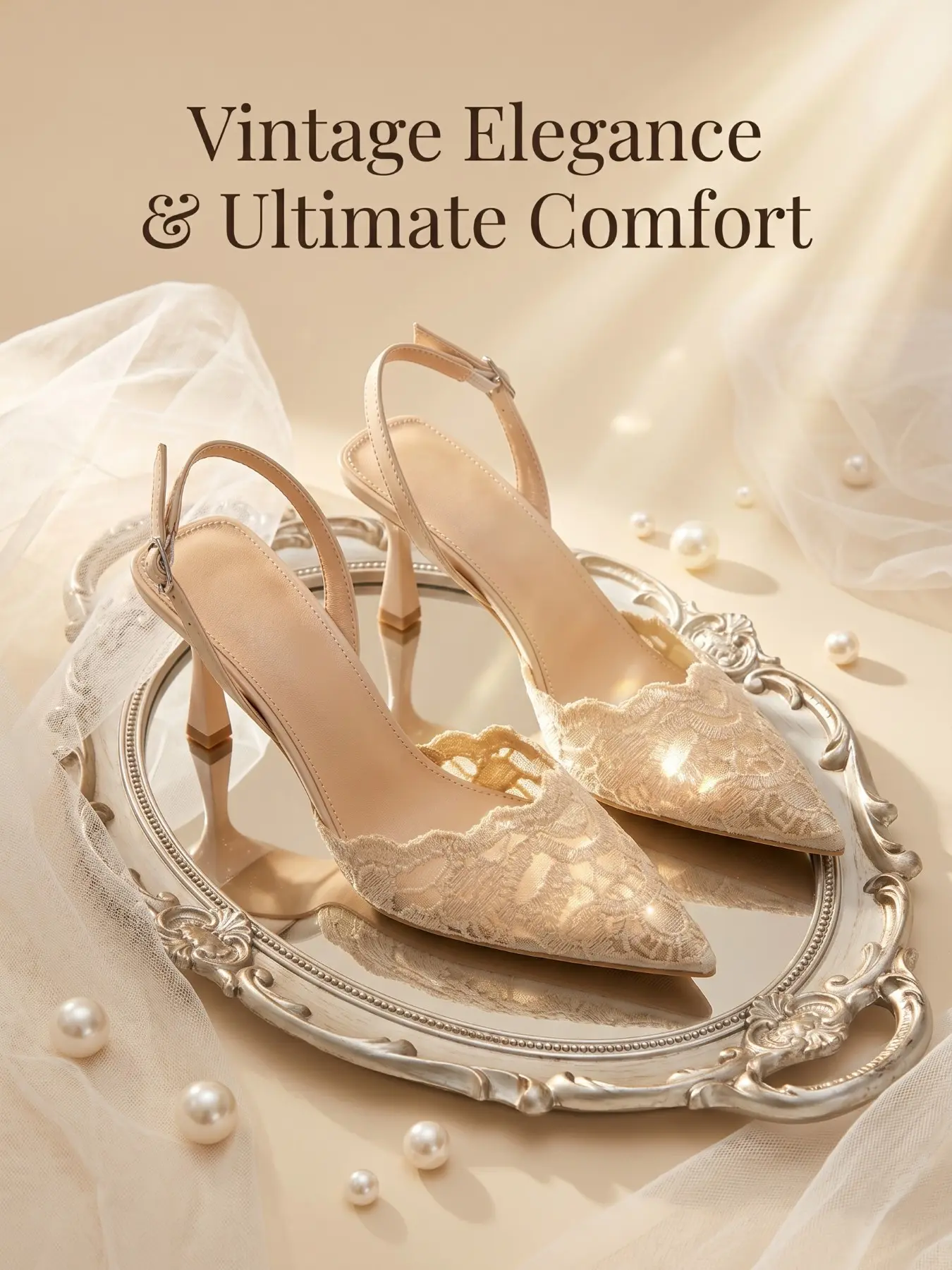 French Vintage Satin Stiletto Heels, Exquisite Heels, Pointed Toe Contrast Lace Design, Comfortable Rubber Sole, Elegant Bridal Women Slingbacks for All Seasons