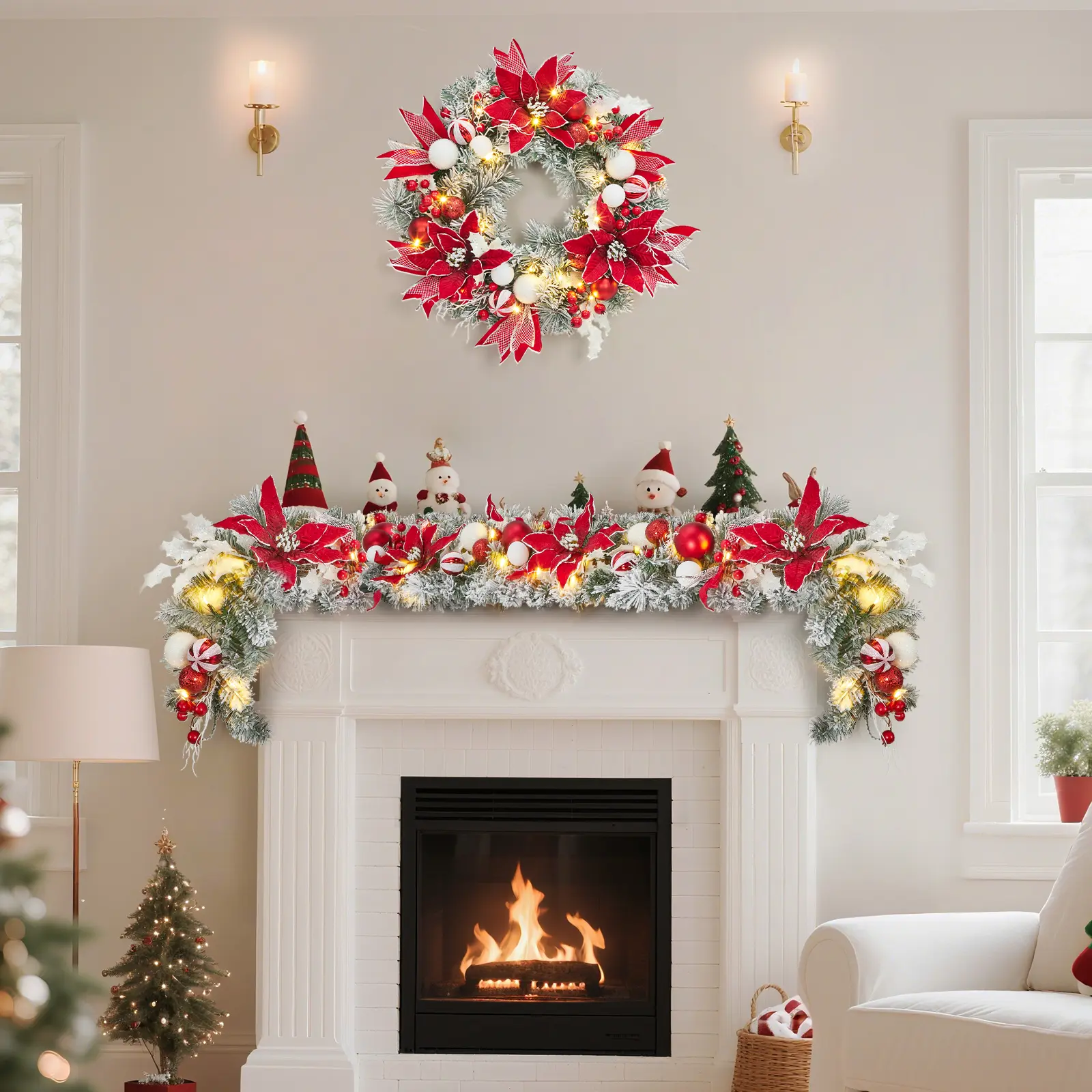 6FT Pre-Lit Christmas Garland, Battery Operated Xmas Garland with 20 Lights Flowers Ball Ornaments Berries, Xmas Decorations for Fireplace Mantle Indoor Outdoor Decoration