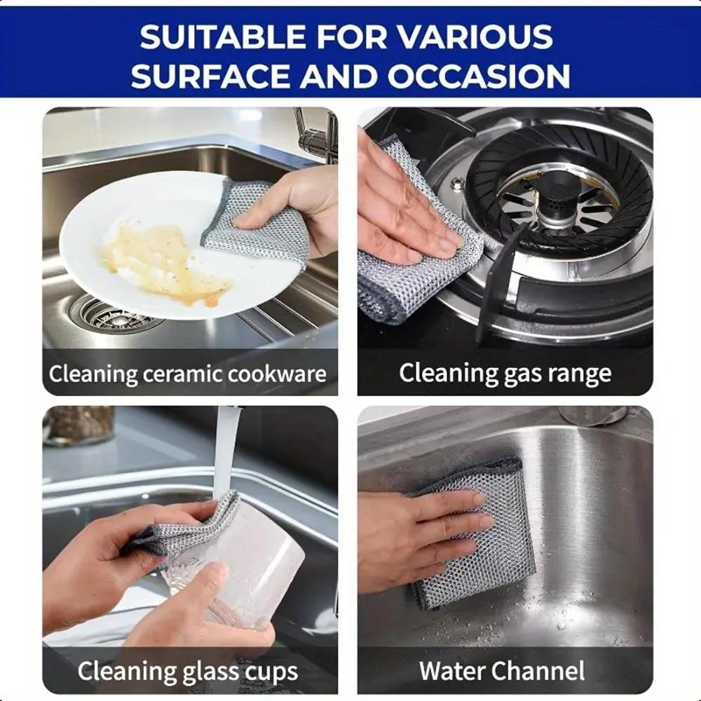 3 Layer Thickened Dish Cloth, 2/10pcs Non-scratch & Odor-free Reusable Wire Scrubber Rag, Kitchen Cleaning Tool for Sink, Stove Top, Countertop, Reusable Cleaning Cloths