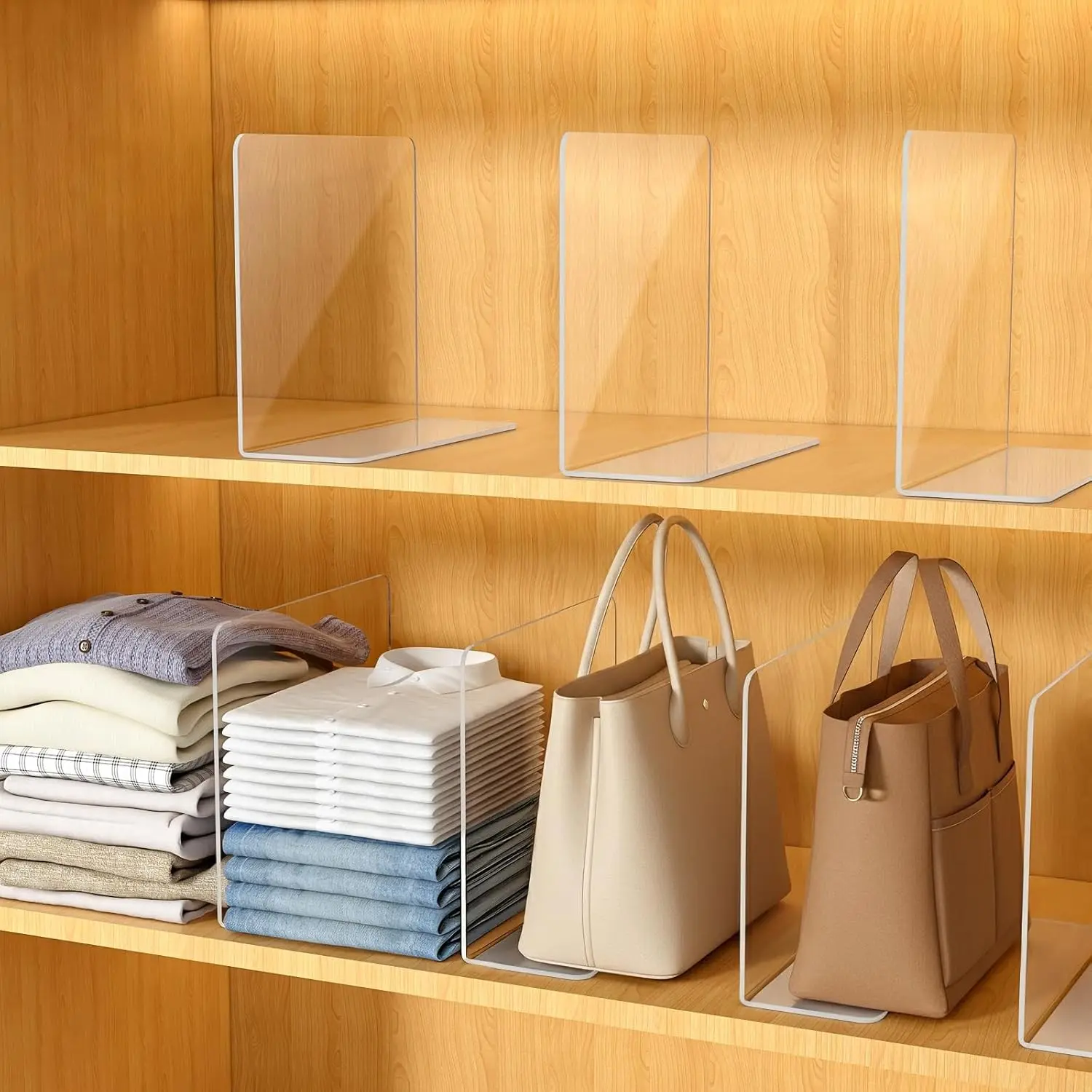 Clear Acrylic Purse Organizer Closet Shelf Dividers 10" Tall 12" Deep 4 Pack Free-Standing Adhesive for Wood & Wire Shelves Bedroom Kitchen
