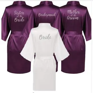 new purple robe silver writing mother of the groom robes wedding Short Bride kimono bridesmaid satin robe drop shipping