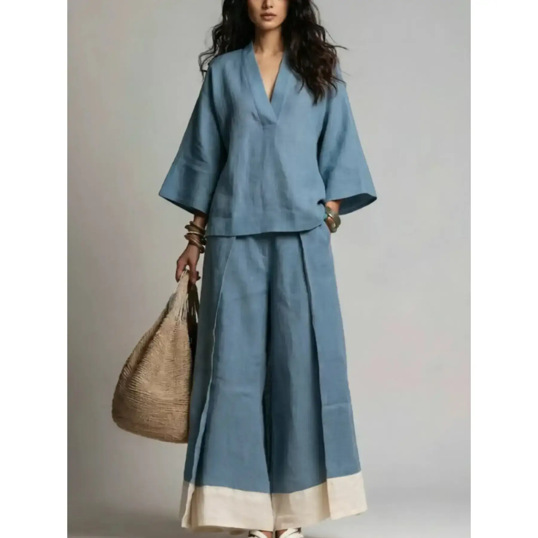 Women’s Linen Two Piece Set, Loose Fit Casual Lounge Outfit, Short Sleeve Top & Wide Leg Pants, Comfortable Vacation Matching Set for Women, Lightweight Resort Wear, Summer Travel Essential