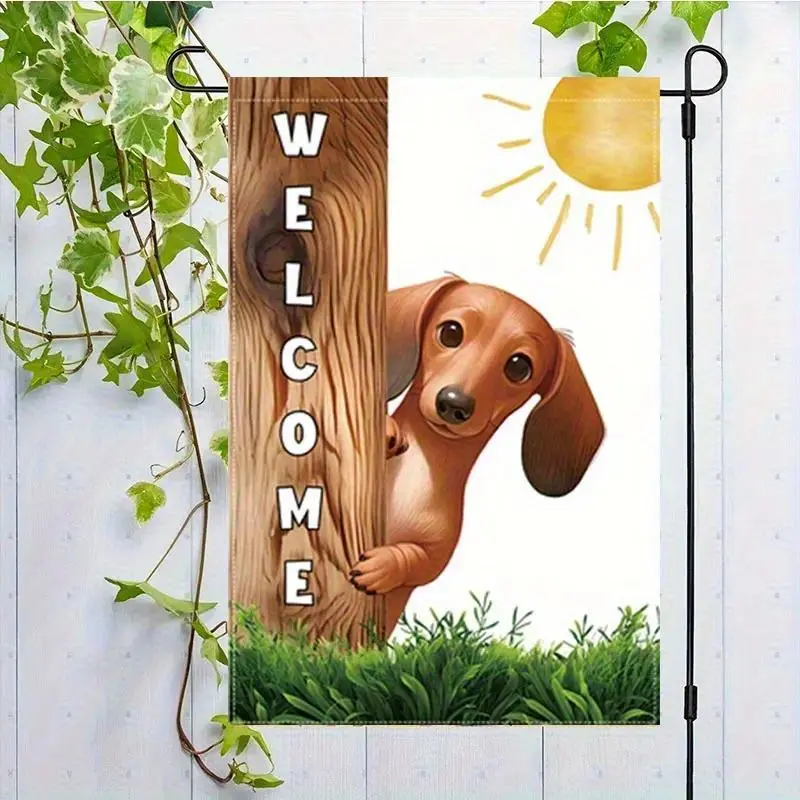 [Dachshund Welcome Garden Flag] Dachshund Welcome Garden Flag- Double-Sided Linen 12x18 Inch, Adorable Sun& Dog Design with "Welcome" Text, Perfect for Outdoor Yard and Home Decor, Halloween Home Decorations, No Flagpole Decorative