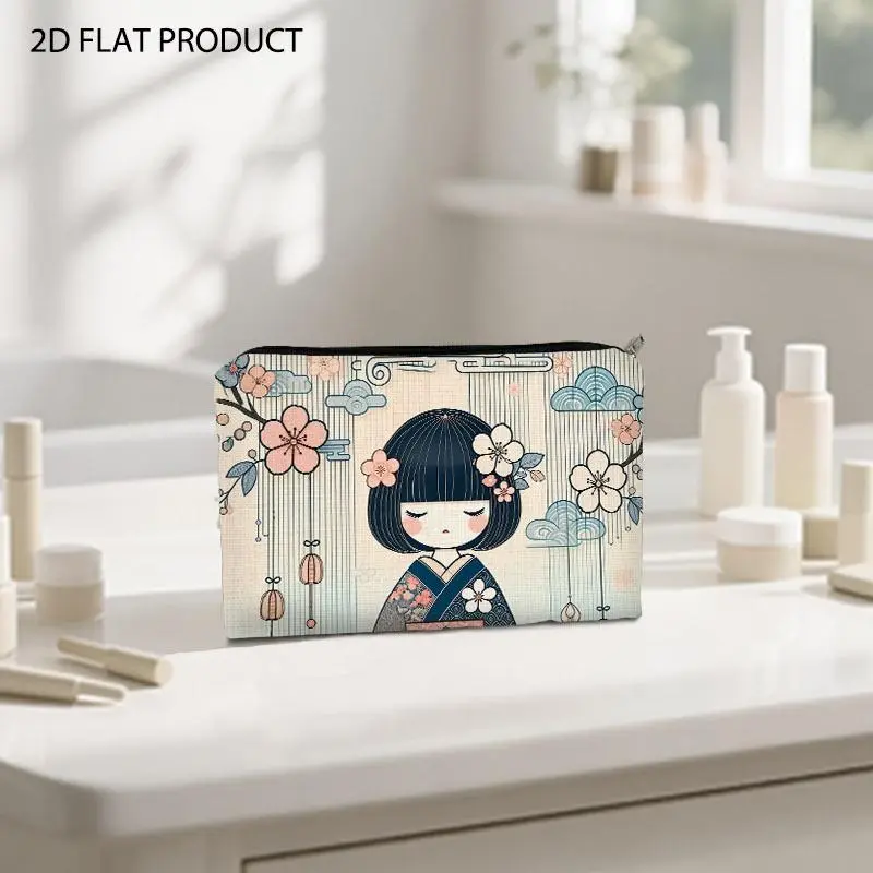 Adorable Japanese Aesthetic Cherry Blossom Girl Print Makeup Bag, Pastel Colorful Design 5.9*8.66inch Cosmetic Pouch, Portable Travel Organizer for Storing Beauty Essentials & Daily Toiletries