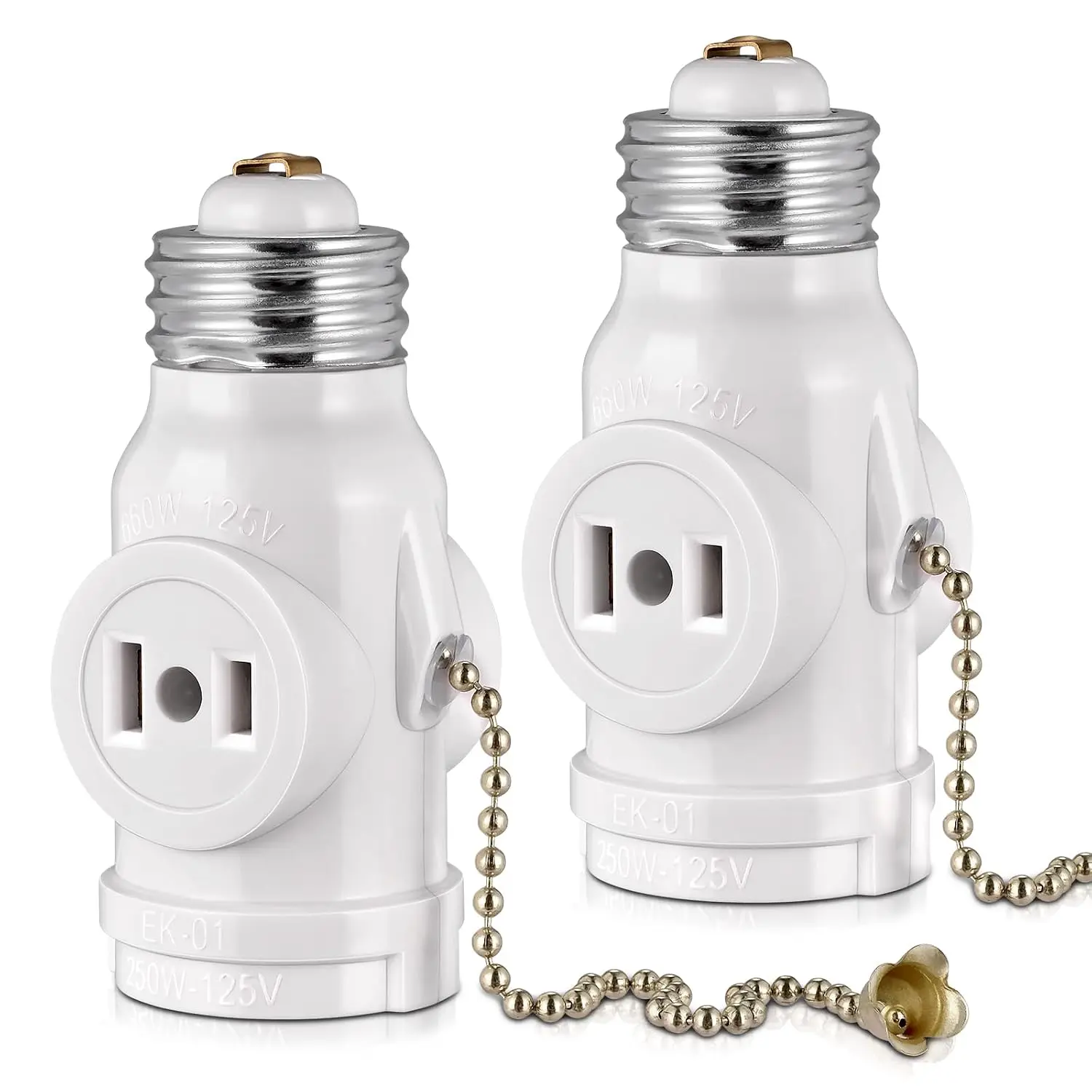 2-Pack E26 Light Socket Adapter - Converts Medium Screw Socket to Two Outlets With Pull Chain  - UL Listed, White