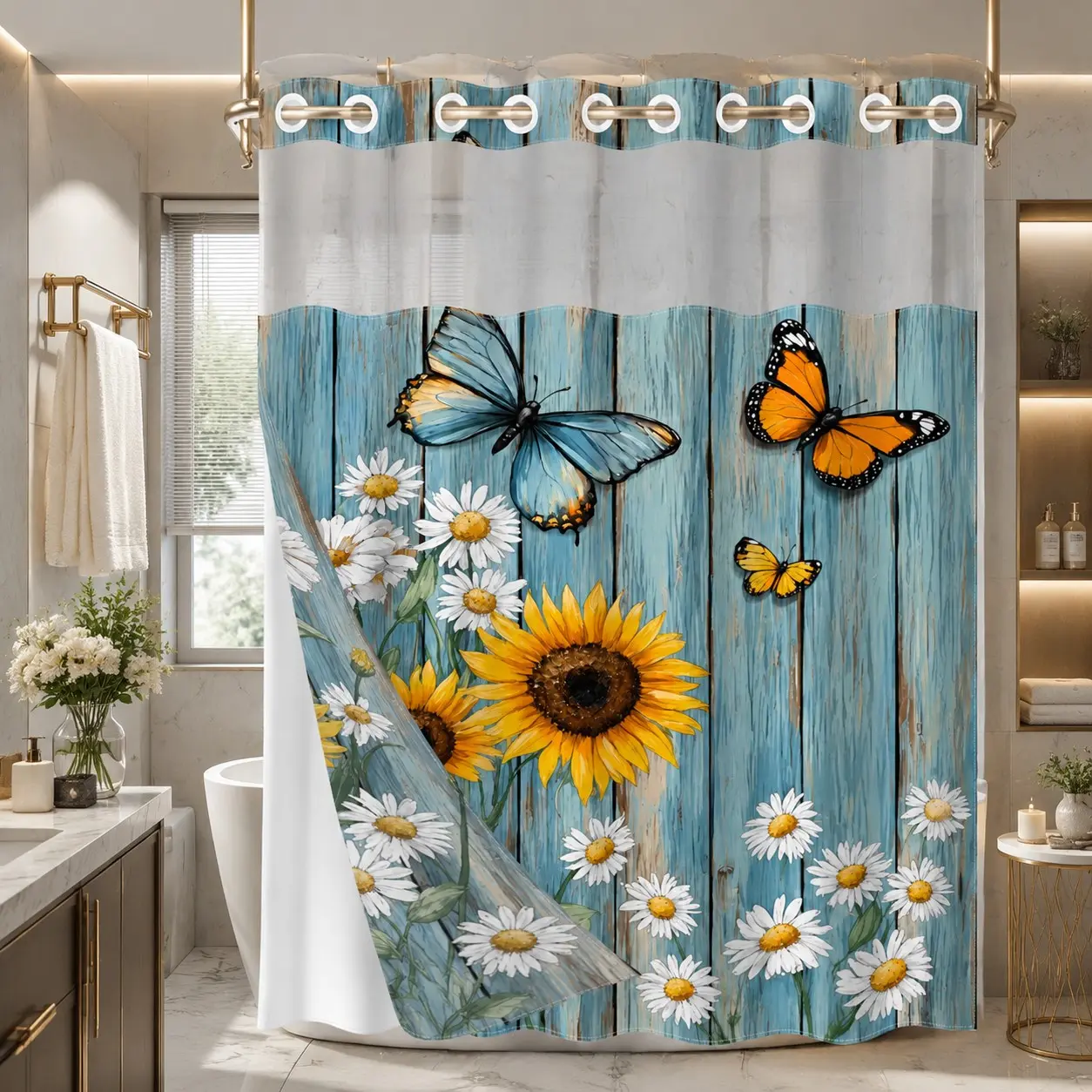 1pc Wooden Board Sunflower Daisy Butterfly Hookless Shower Curtain, 71 x 74 Inches, 2D Flat Print, Double-Layer Waterproof, Detachable with Buckles, Transparent Top Window, Bathroom Partition, All-Season Bathroom Decoration for Home and Hotel