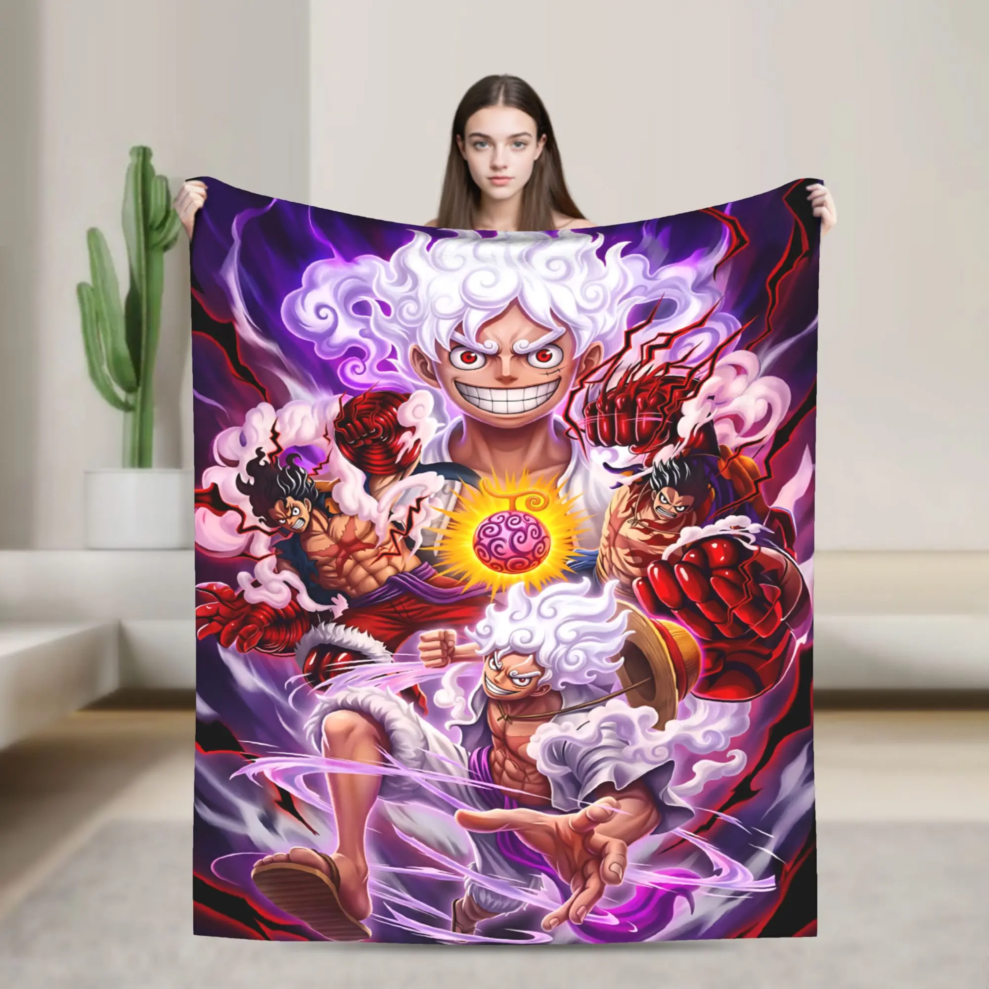 One Piece Luffy Gear 5 Sun God Nika Devil Fruit Flannel Blanket, Soft Lightweight Anime Throw Blanket Home Decor Gift