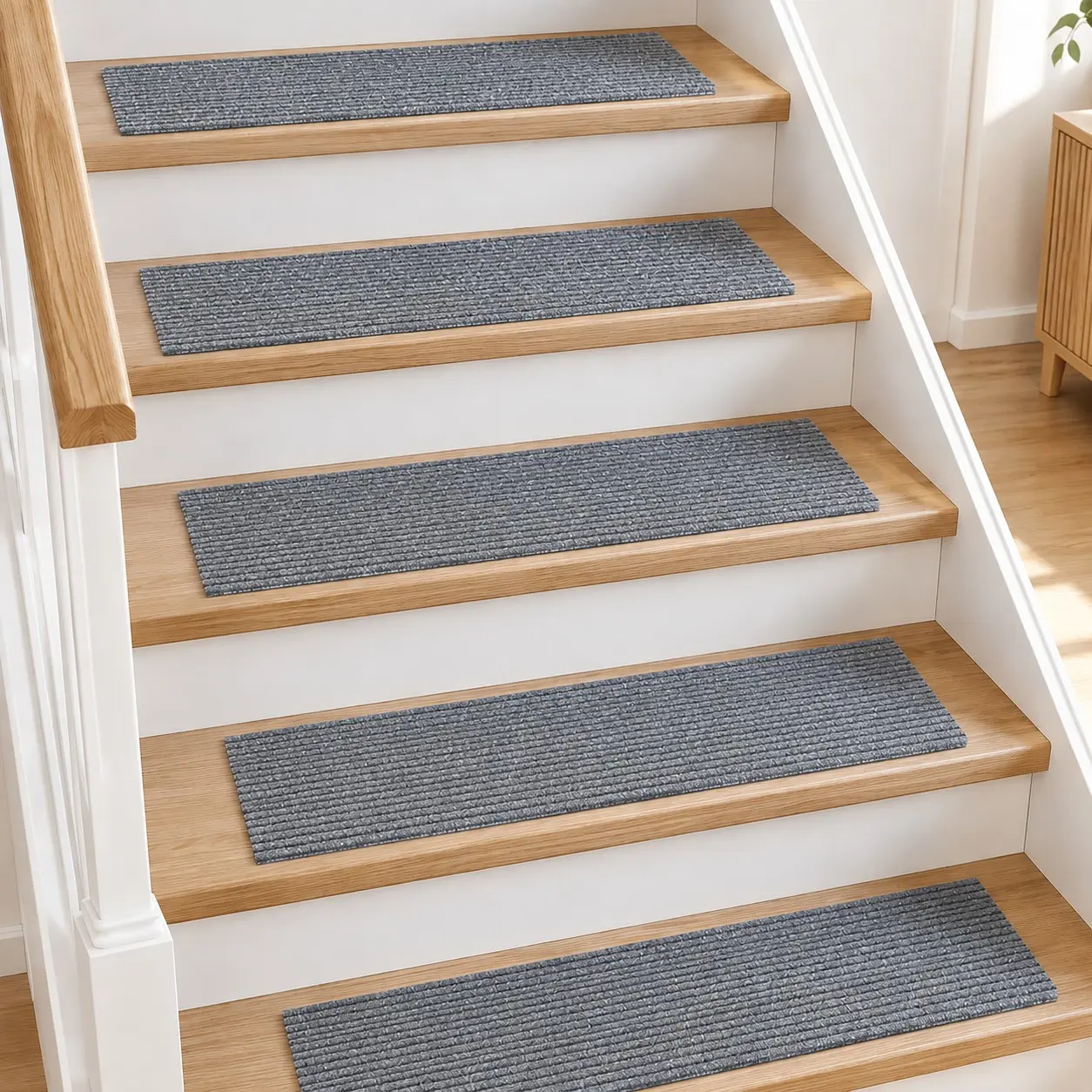 Non-Slip Stair Treads for Wooden Steps, Self-Adhesive Cuttable Carpet Mats, Ribbed Stair Covers for Indoor Stairs, Easy to Clean