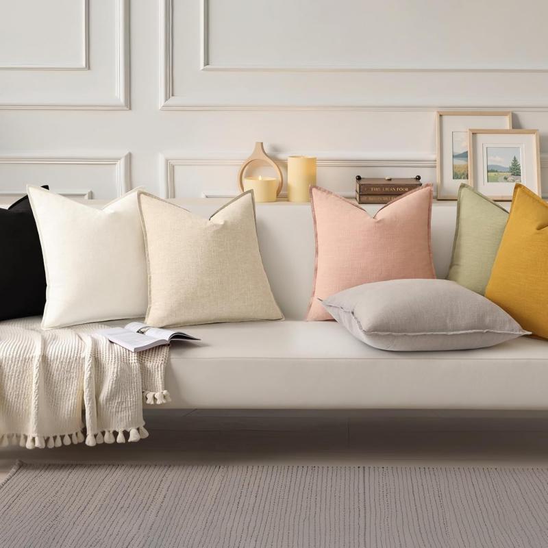 Spring Decorative Linen Throw   20x20 Inch Set of 2 Natural Beige   with Flange Edges Soft Farmhouse Boho Accent  Cases for Couch Bed Living Room Pillow Covers