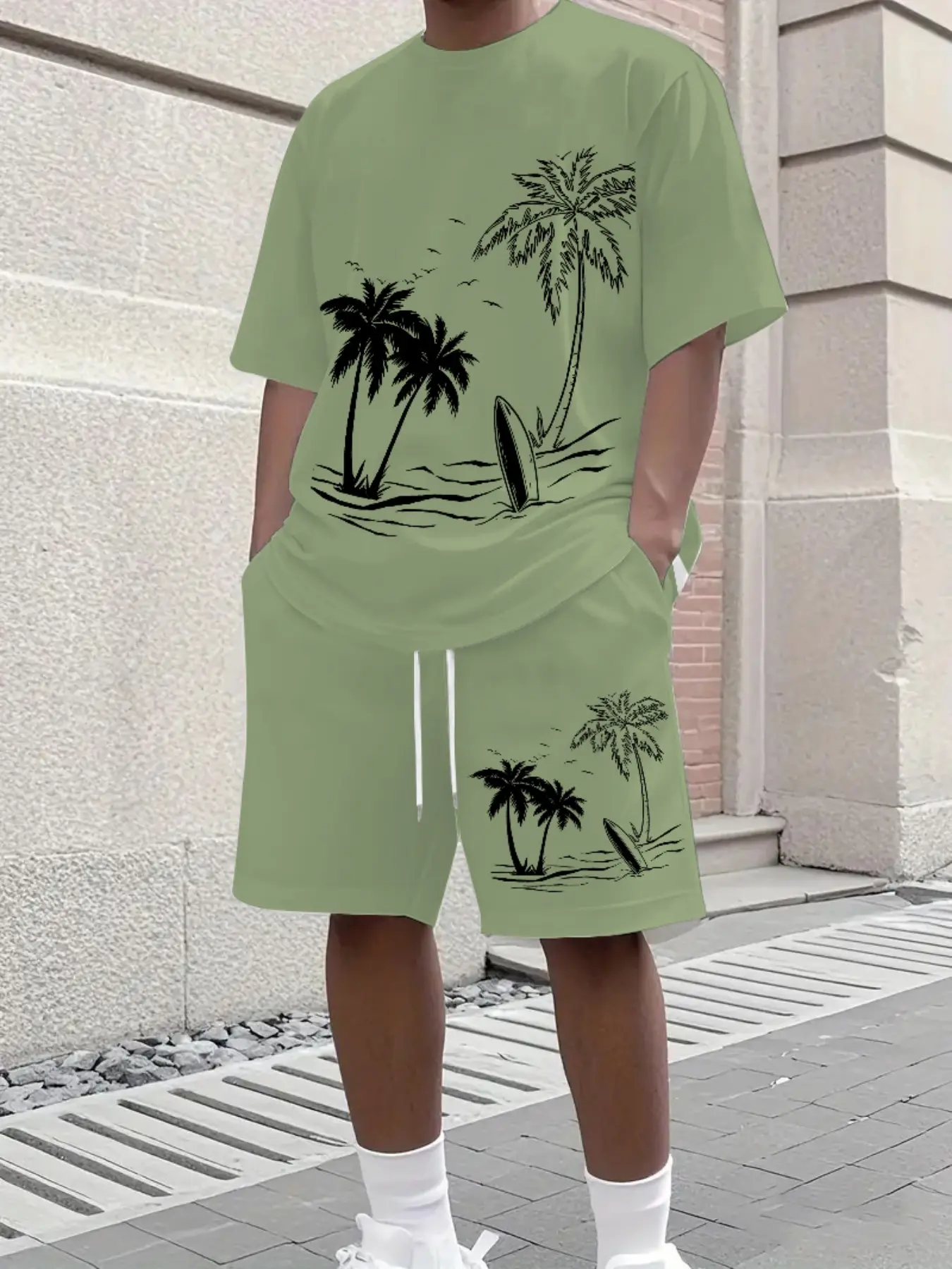 Men's Summer Two-Piece Set, Palm Tree Surfboard Print Loose Tee and Drawstring Shorts, Casual Beach Vacation Sports