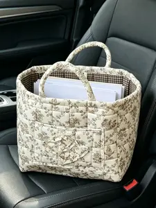 Cottagecore Brown Vintage Floral Quilted Storage Basket, Ruffled Front Pocket Handheld Organizer, Plaid Inner Lining Multipurpose Carry Bag for Car Interior, Desktop, Cosmetic & Household Sundries Storage