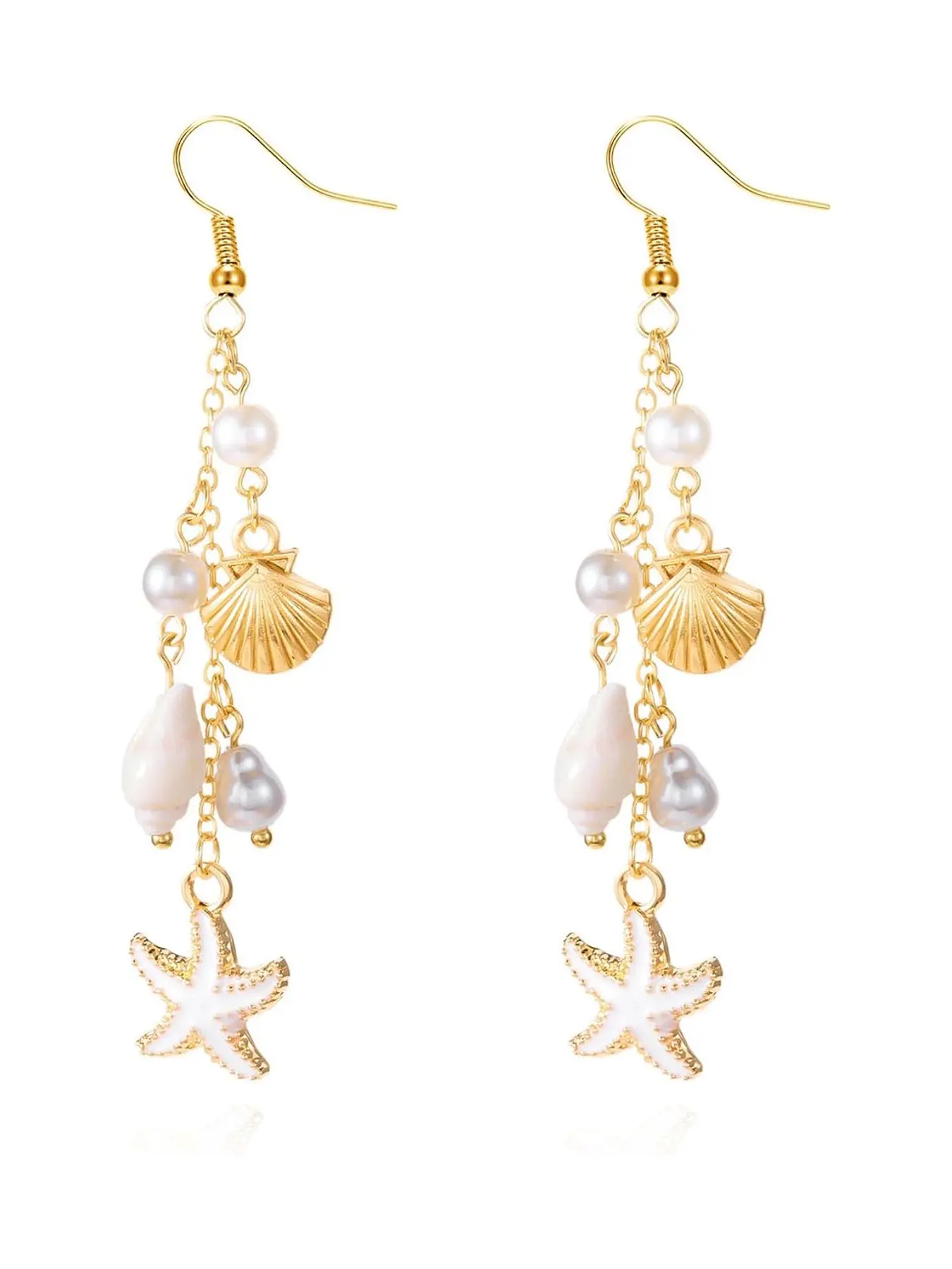 Starfish Shell Dangle Drop Earrings, Beach Jewelry for Women, Summer Boho Aesthetic Beachy Vacation Accessories, Stylish Ocean-Inspired Design