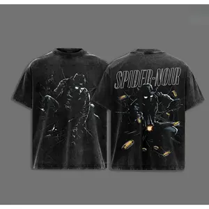 Retro Noir Verse Hero Crouching Crack Web Front Portrait & Large "SPIDFR-NOIR" Letter Shooting Bullet Hero Back Dual-Sided Vintage Washed Black T-Shirt, Unisex Oversized Heavyweight Cotton Streetwear Top, Ideal Gift for Noir Verse Hero Fans