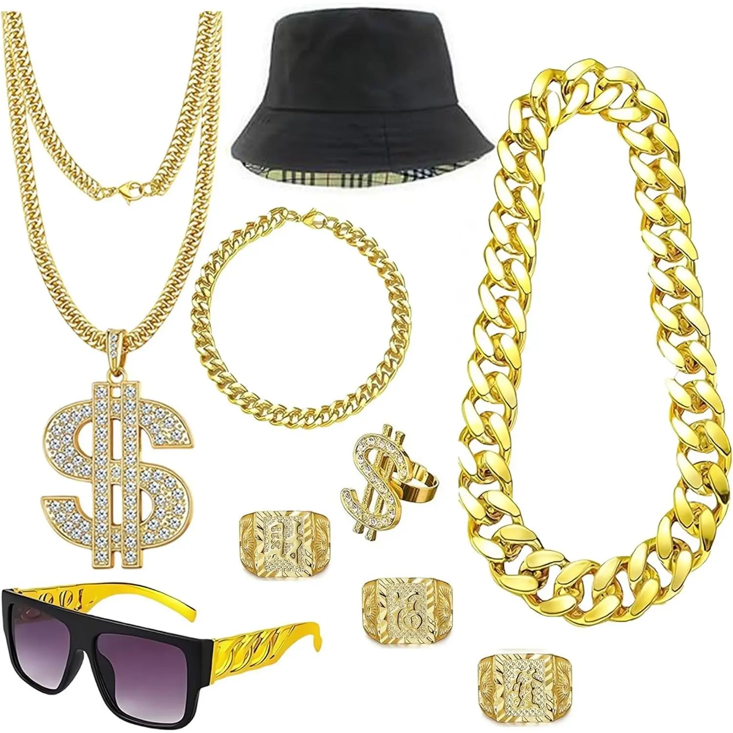 80s 90s Hip Hop Costume Kit Rapper Accessories, Outfits for Men Women Cosplay Club Nostalgia Old School Themed Party Supplies(Gift)