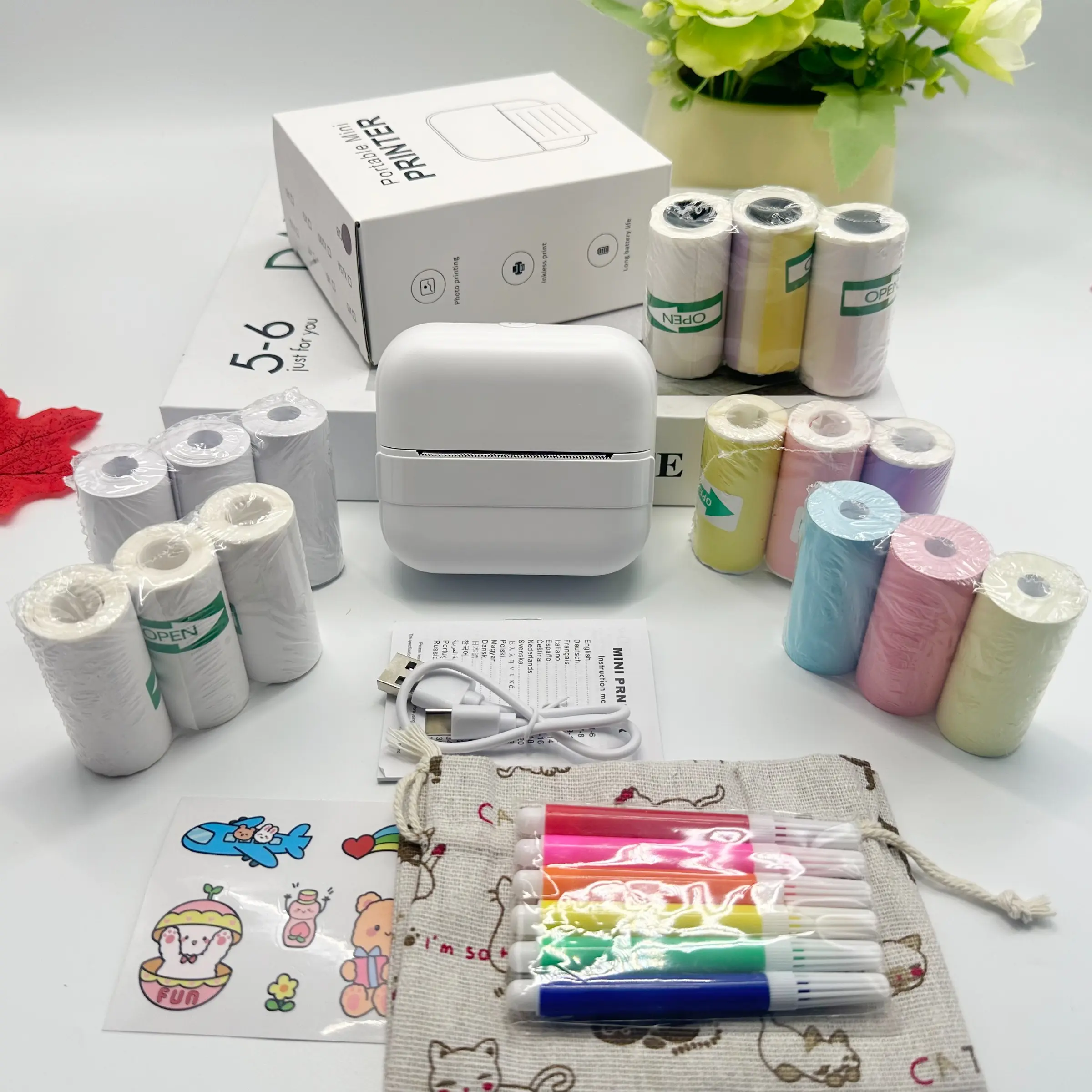 Wireless Mini Printer Set with 15 Rolls of Paper, Portable Thermal Printer, Ink-Free, Inkless Printer, Ideal for Travel, Parties, Home Use, Office, Labels, Receipts