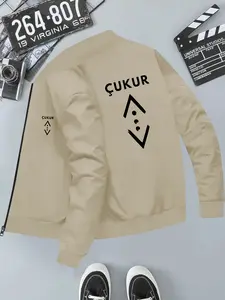 Men's Letter Pattern Print Hooded Casual Jacket, Long Sleeve Loose-Fitting Outerwear, Geometric Design, All Seasons