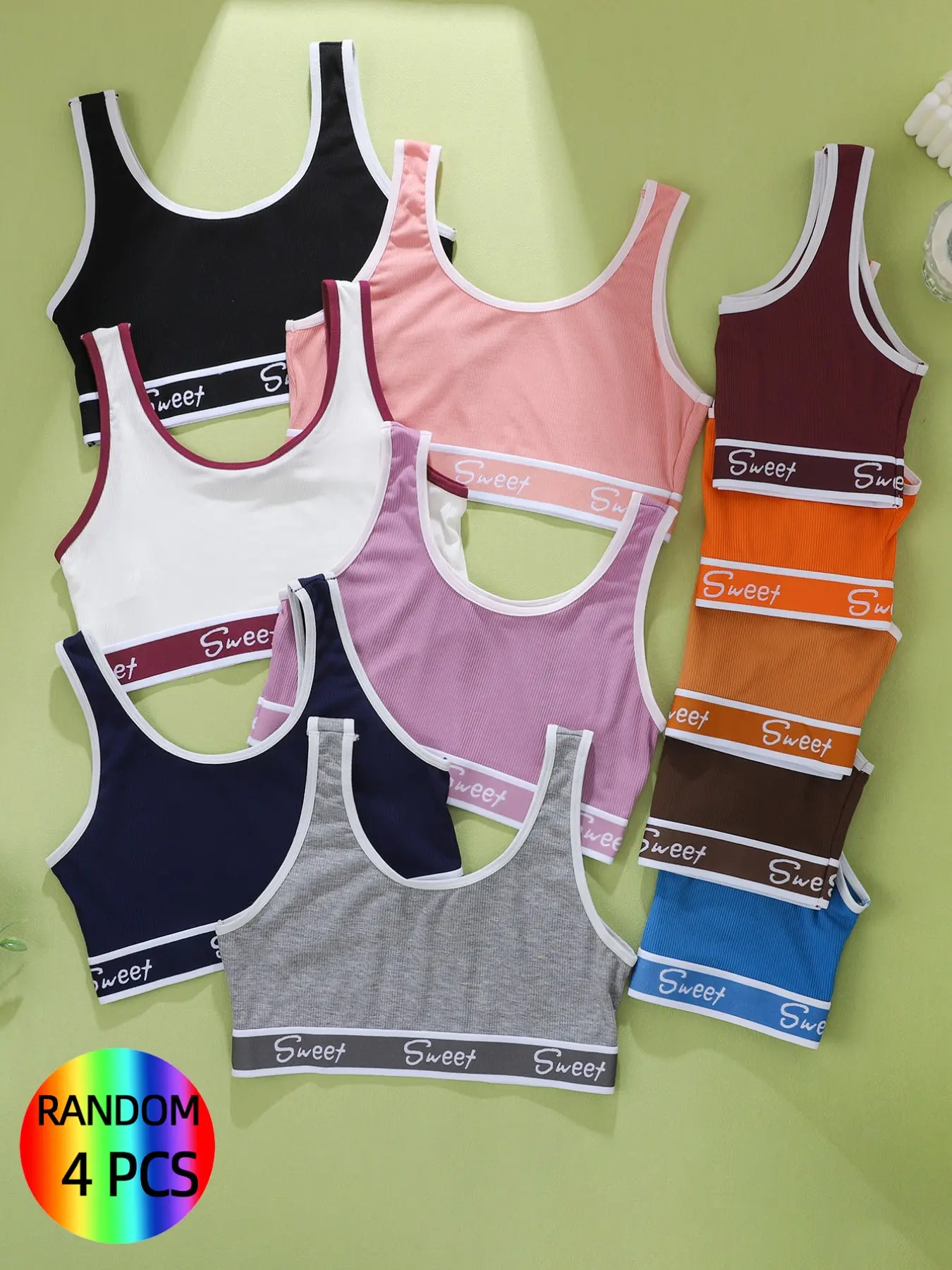 Macaron Multicolor Textured & Sweet Letter Contrast Wide Waistband Casual U-Neck Women's Bralette, Comfortable Breathable Underwear, Wireless Soft Bralette