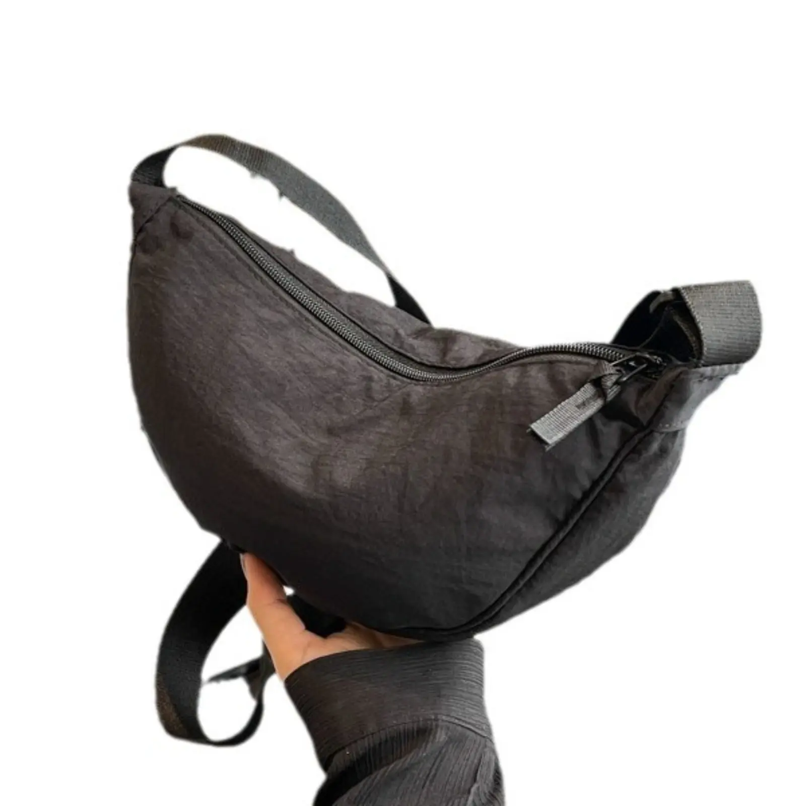 Black Lightweight Nylon Crescent Hobo Crossbody Bag,  Minimalist Casual Adjustable Strap Trend Shoulder Sling Purse, Soft Wrinkle Resistant Zip Small Half Moon Bag, Multi Pocket Daily Bag for Walking Shopping Travel Outdoor Sports