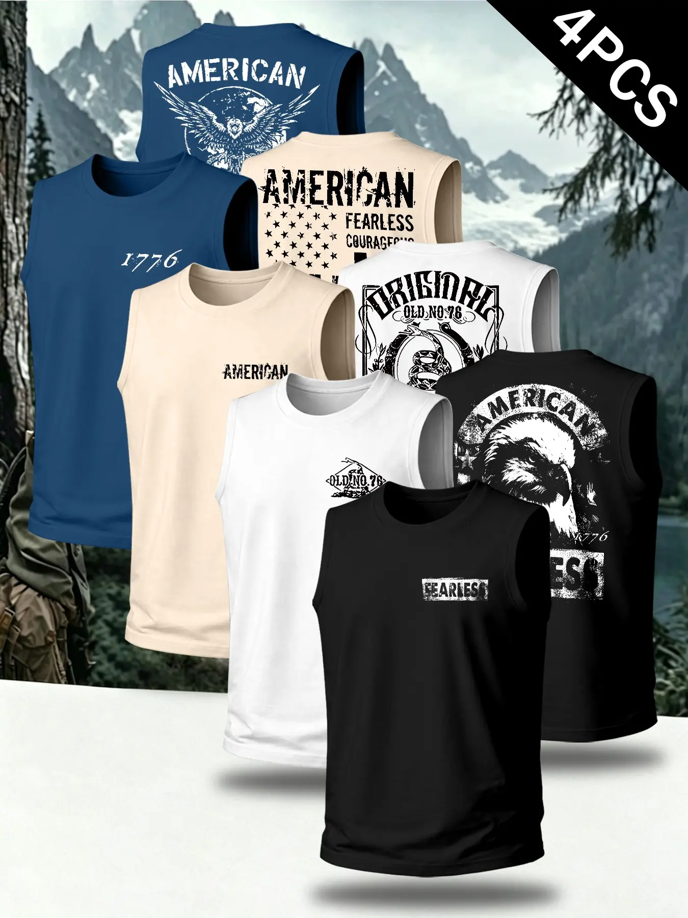 Men's Summer American Vintage Sleeveless Vest, Retro Camo Eagle Flag Pattern, 4-Piece Set, Athletic Outdoor Vests, Ideal for Outdoor Activities and Sports