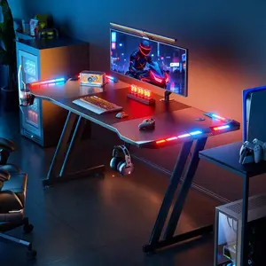 Gaming Desk With LED Lights Carbon Fibre Surface Gaming Table Large Computer Desk Ergonomic Home Office Desks Z Shaped PC Gamer Workstations With Cup Holder & Headphone Hook