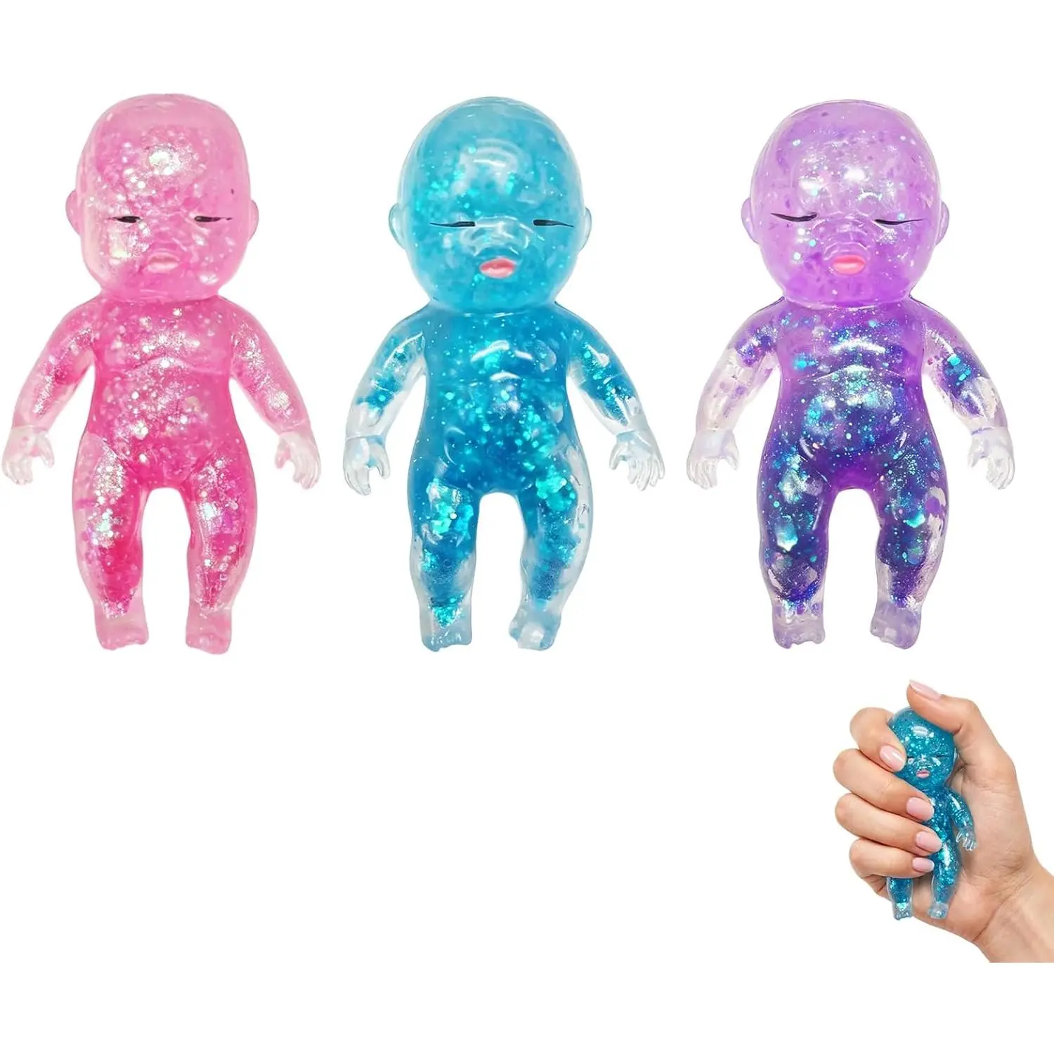 Glitter Doll Squishies Stress Ball, Sparkly Sugar Squishy Balls to Stretch, Squeeze, Stress Relief and Fidget Balls Ultra Soft Slow Rise Moldable Decompression Ball (3pcs(Blue+Purple+Pink))
