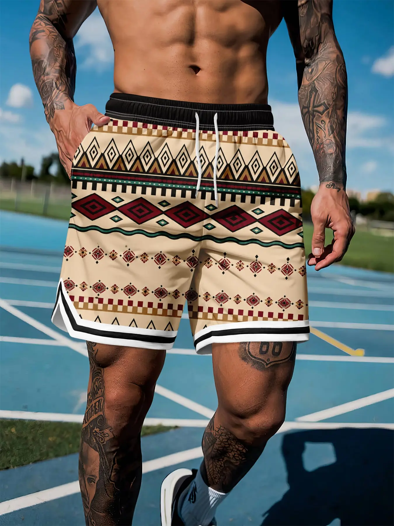Men's Navajo Tribal Geometric Print Basketball Shorts, Ethnic Streetwear, Casual Drawstring Waist, Comfortable Lightweight Gym Shorts, Casual Sport Shorts, Casual Athletic Shorts