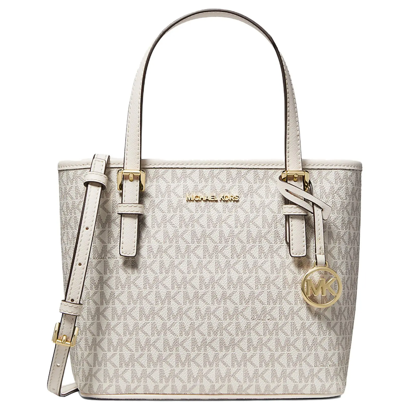 Michael Kors MK Jet Set Travel Tote Bag for Women – Classic Elegant Monogram Design with Matte Leather Trim, Cream White