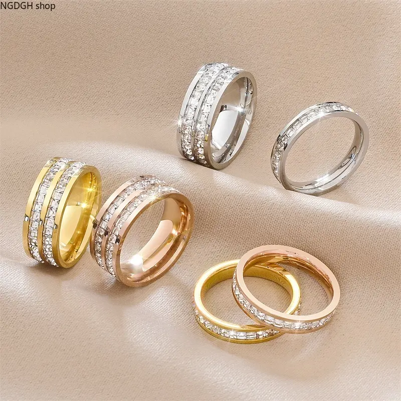 Women Stackable Eternity Ring, Full Channel Set Princess Cut CZ Band, Polished Stainless Steel Crystal Wedding Ring, Tarnish Free Comfort Fit Finger Jewelry, Minimalist Elegant Ornament for Dating, Wedding and Daily Outfit