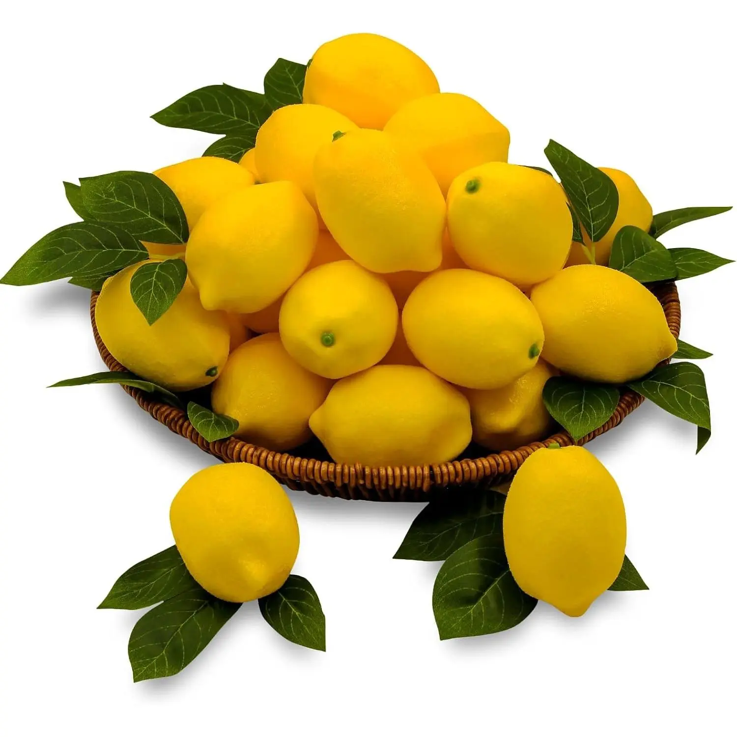 20 Pcs Lifelike Plastic Lemon & Lime Faux Fruits with 25 Decorative Leaves, Glass Vase Centerpiece Home Kitchen Decor for Table, Cabinet, Holiday Party Photography Props