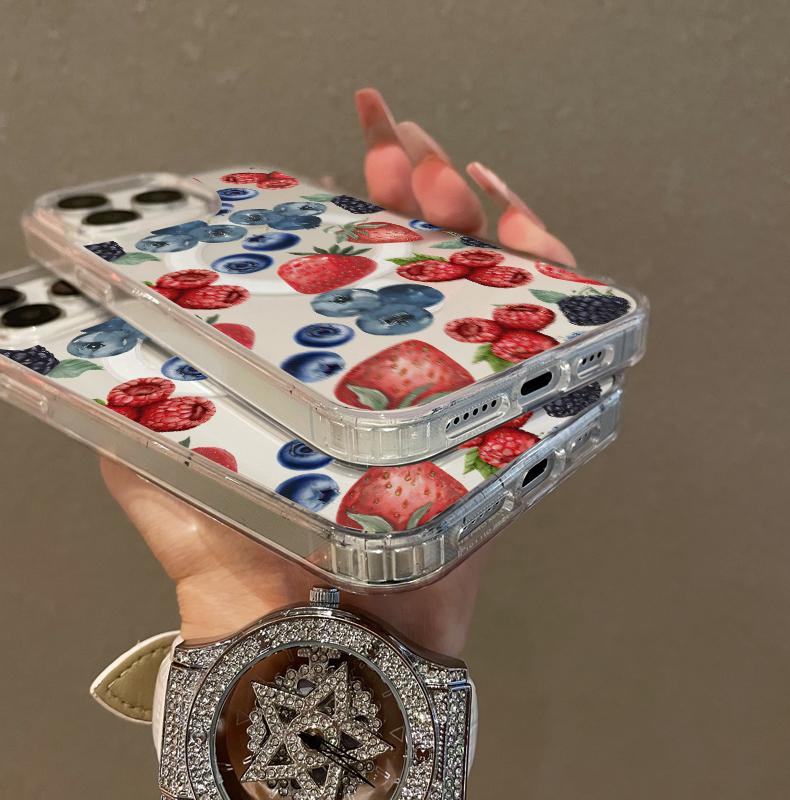 Magnetic Soft Case for iPhone11/12/13/14/15/16/17/prom, Blueberry Strawberry Fruit Collage MagSafe Compatible,Springtok Aesthetic Pattern Design Lightweight,y2k cased,AntiScratch,and Trendy Protector Screen Protector Resistance Cover Protection Shockproof