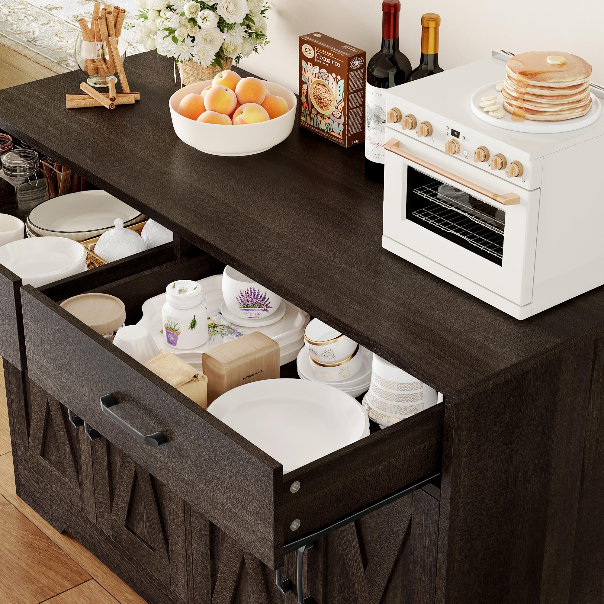 HOSTACK Buffet Cabinet, Coffee Bar with 2 Drawers, Shelves, 4 Doors, Modern Farmhouse Kitchen Sideboard Buffet, Wood Storage Cabinet