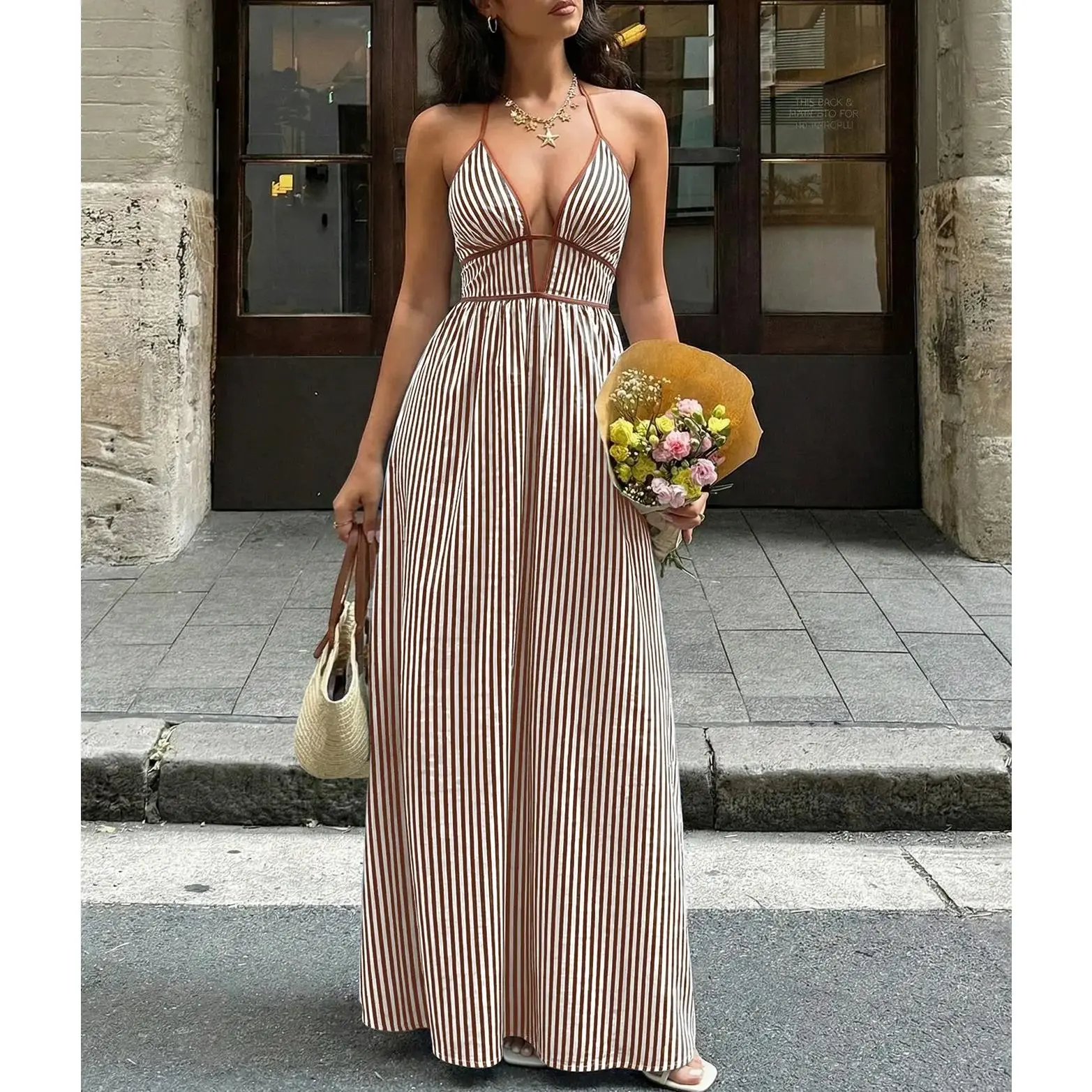 New Women's Dress, Vacation Striped Deep V Sexy Halter Neck Dress, Trendy Summer Fashion, Perfect for Beach & Parties
