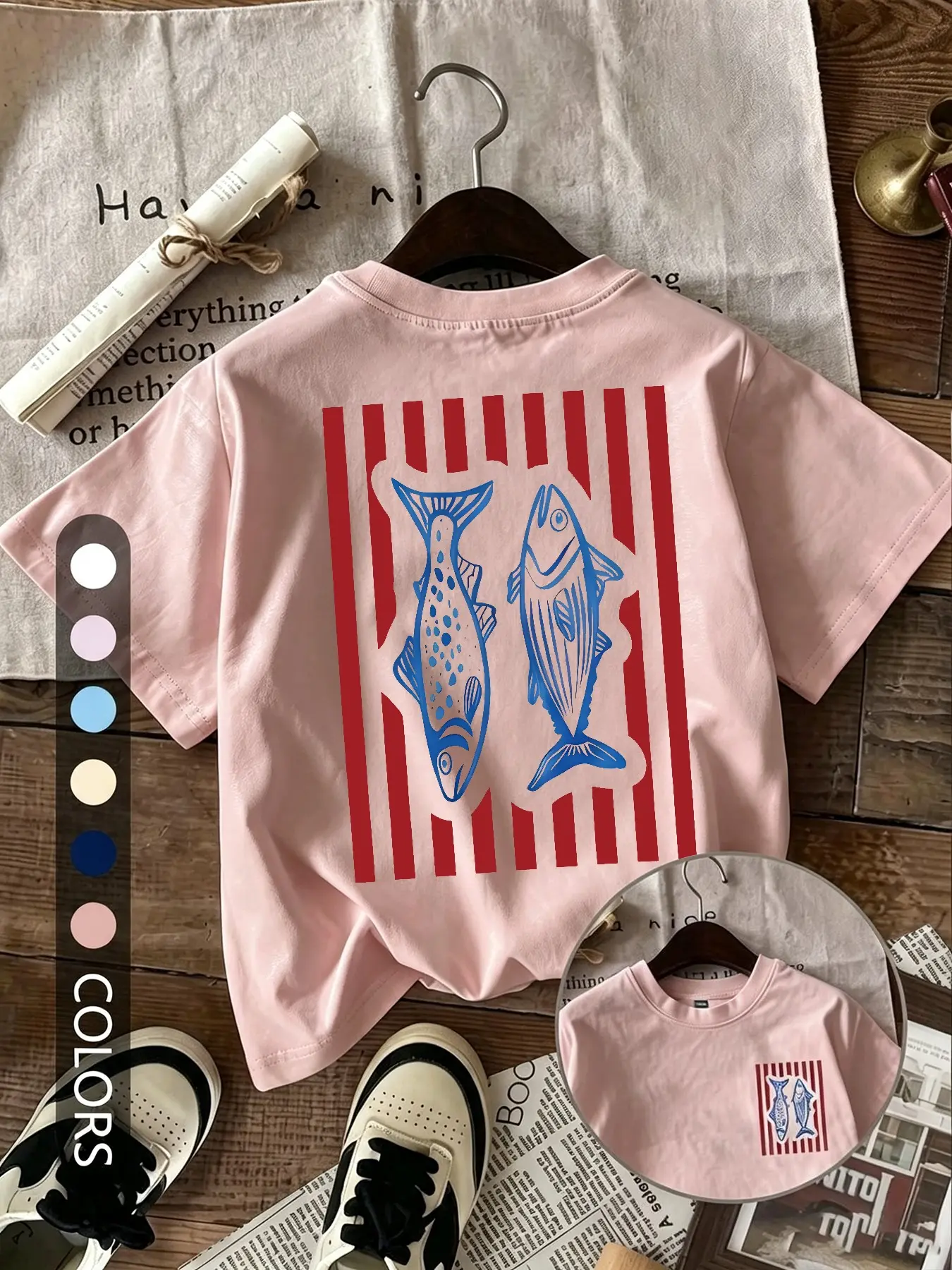 Vintage Tropical Striped Twin Fish Print T-Shirt, Blue Color Block, Loose Fit Round Neck, Lightweight Breathable, Casual Summer Wear