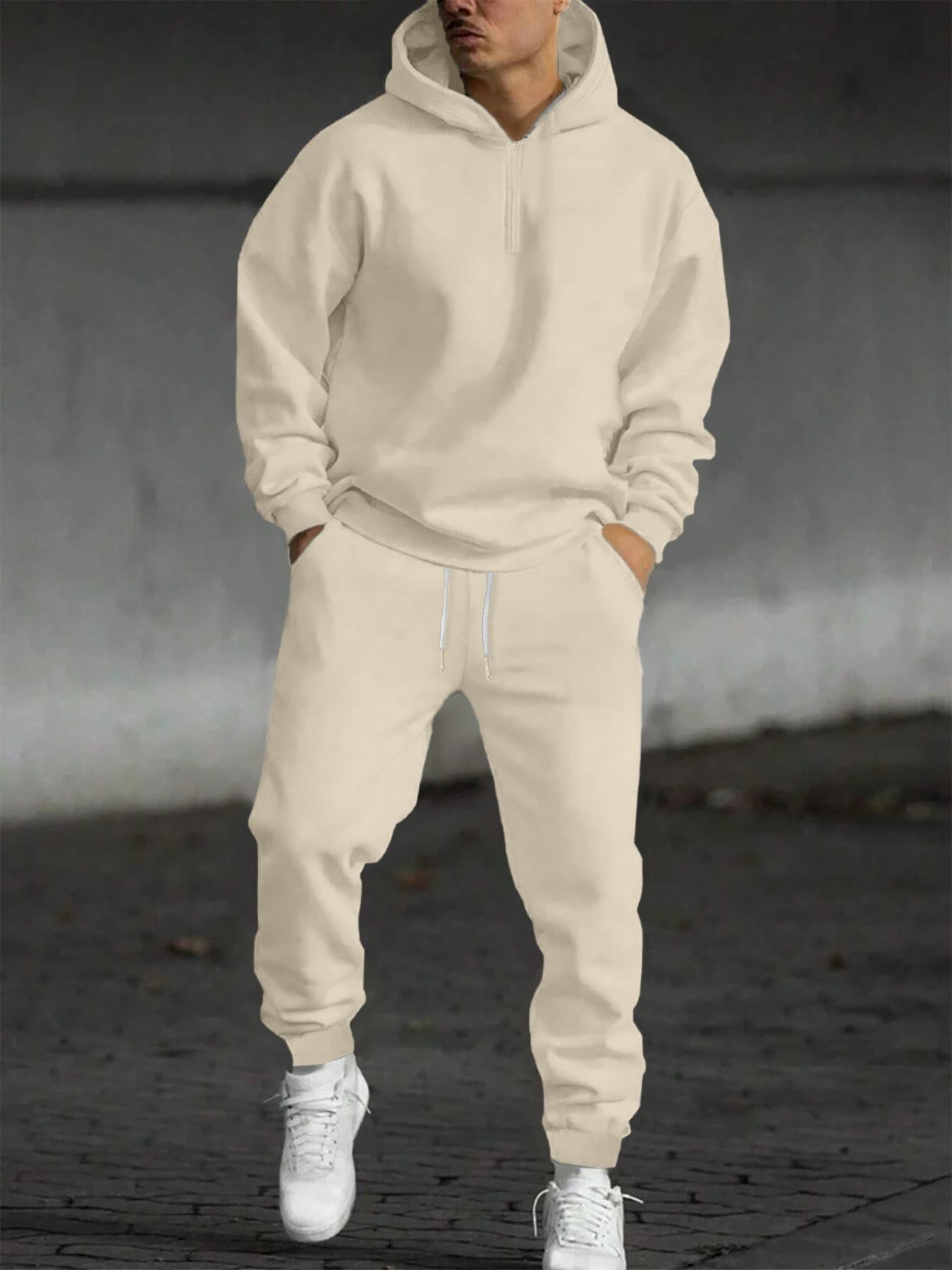 Men's Letter Print Half Zip Up Hooded Sweatshirt & Drawstring Waist Sweatpants Two-piece Set, Regular Fit Casual Drop Shoulder Long Sleeve Hoodie & Pocket Jogger Pants, Men's Two Piece Outfits for Daily Workout Running, Streetwear Tracksuit Set