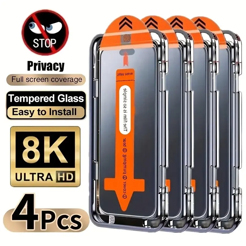 4-Pack Tempered Glass Screen Protector for Apple Devices, Accessories, Anti-Spy, Auto-Adhesive, Dust-Free, Shockproof, Full Coverage