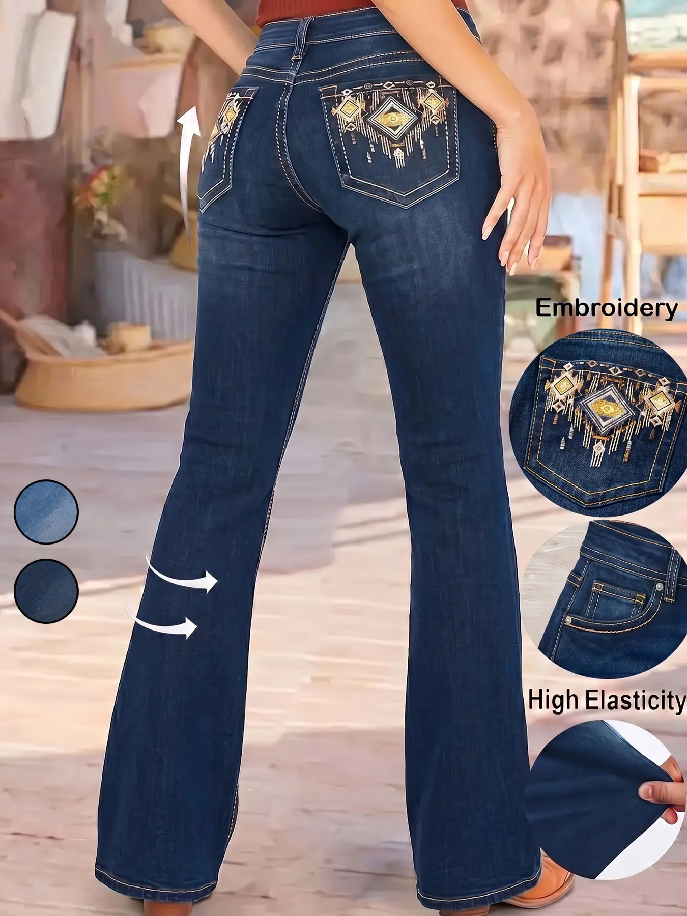 Women's Casual Embroidered Stretch Bell Bottom Jeans, Stretchy, Comfortable and Stylish Denim Jeans for Everyday Wear, Perfect for Leisure Activities, Embroidery, Slim Fitted Flare Jeans