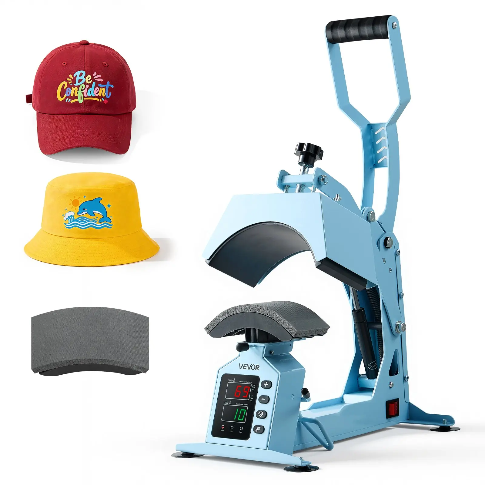 VEVOR 2-in-1 Hat Heat Press Machine, 2 Interchangeable Multiple-Shapes Platens + Caps Stretcher, Precise Temperature & Time Control, 15.4 lbs, for HTV Iron On, Sublimation & Cotton Projects, Light Blue