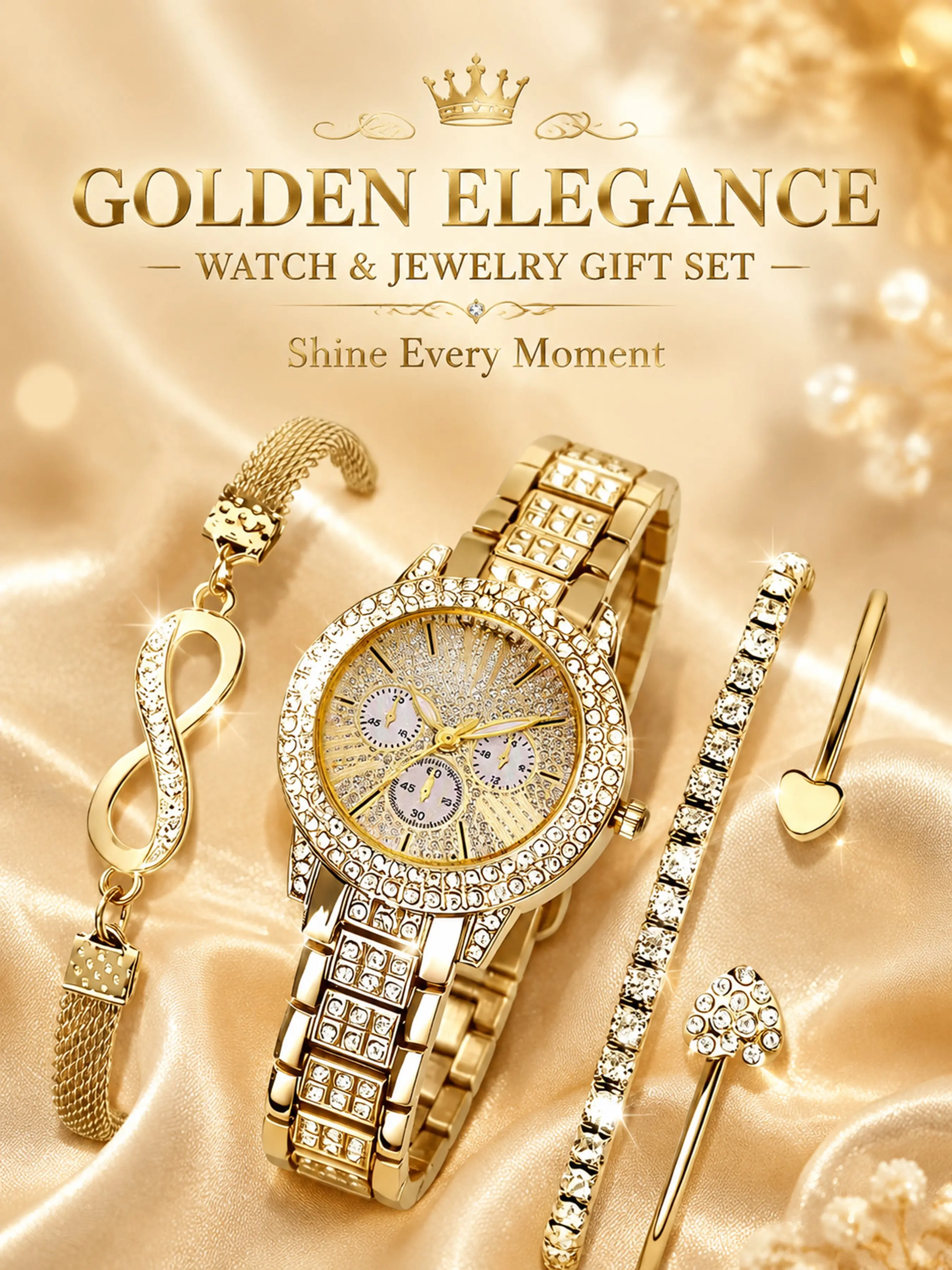 Women's Elegant Watch & Jewelry Set, Fashionable Round Dial Analog Quartz Movement Wristwatch & Bracelet, Exquisite Watches Set with Jewelry As Gift, 4 Piece Gift Set For Valentine's, Easter, Ramadan