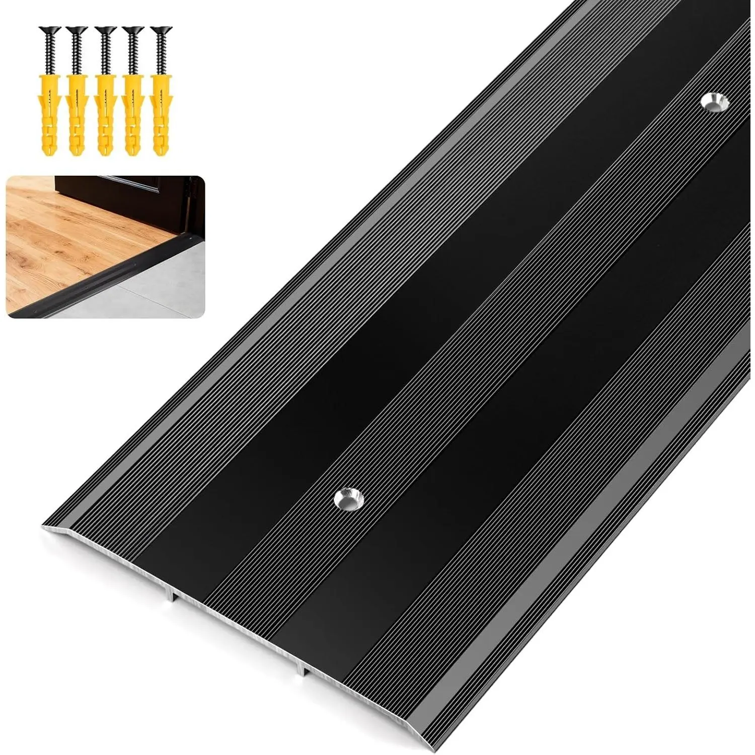 Black Heavy-Duty Pre-Drilled Aluminum Door Threshold Strip, 36in L x 5in W x 0.25in H Thick Floor Transition Strip for High-Traffic Commercial Spaces