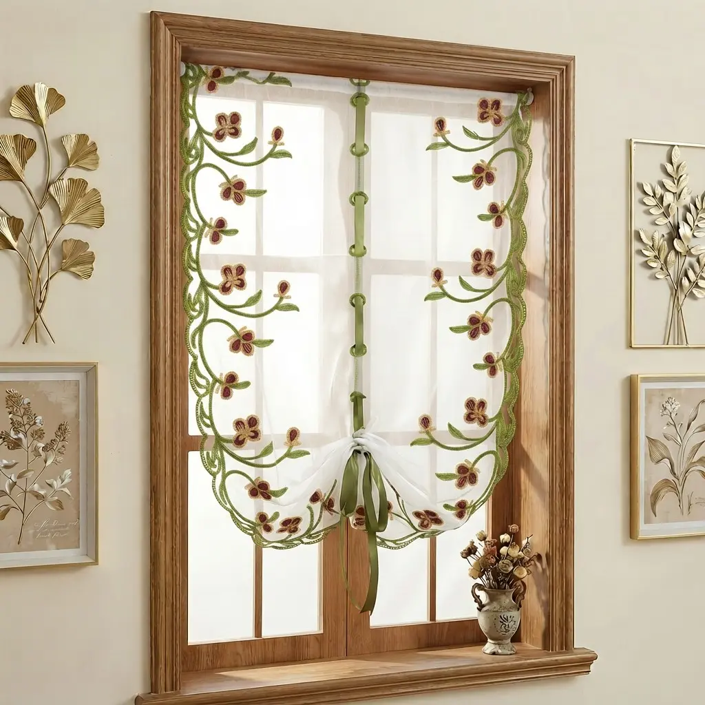 Mesh Trim Clover Embroidered Roller Blind, Vintage Country Style 100% Polyester Arc Tie Pull Curtain, Ideal for Restaurant Entrance Window Decor