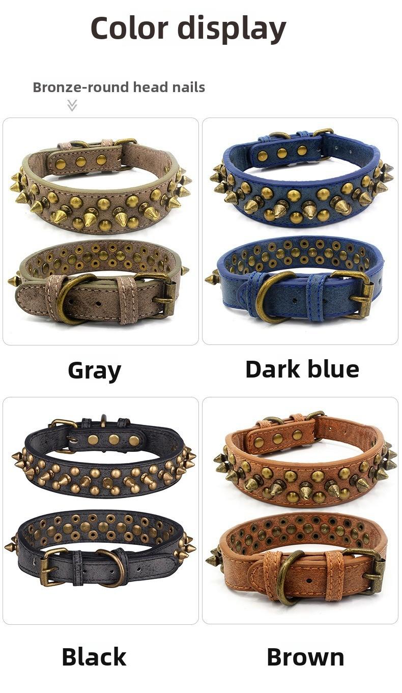 Spiked Leather Dog Collar, Heavy Duty Anti Chew Adjustable Dog Collar with Metal Buckle for Medium to Large Dogs, Punk Style Pet Collar for Walking Training