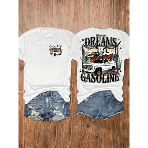 Western-Style Letter Print Crew Neck T-Shirt, Casual Vacation Women'S Short-Sleeve Top, Women'S Top custom women Puerto Rico Football Fan angel wings cut girl cherry shirt