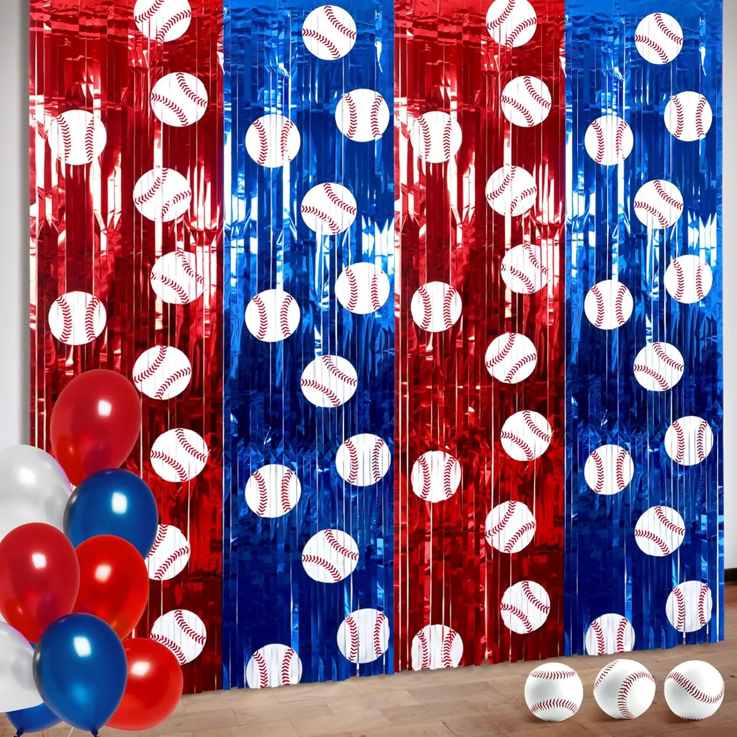 2 Pack Baseball Birthday Party Decorations 3.3 x 6.6 ft Baseball Backdrop Red Blue White  Foil Fringe Curtain Photo Props  Birthday Banner Party Supplies