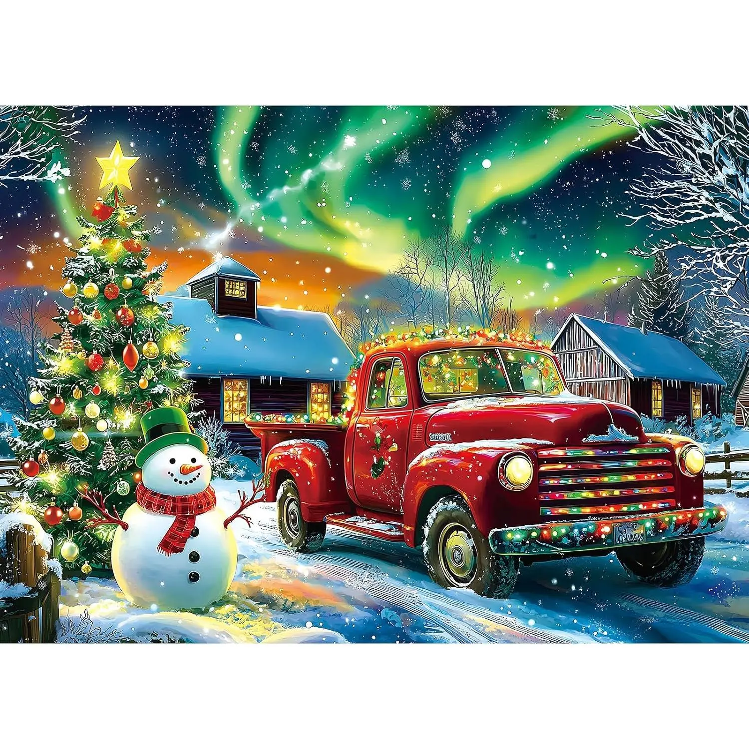 1000-Piece Winter Christmas Jigsaw Puzzle for Adults - Snowy Village Setting, Classic Red Car, Snowman, Cozy Scene Family Fun Games for Gatherings