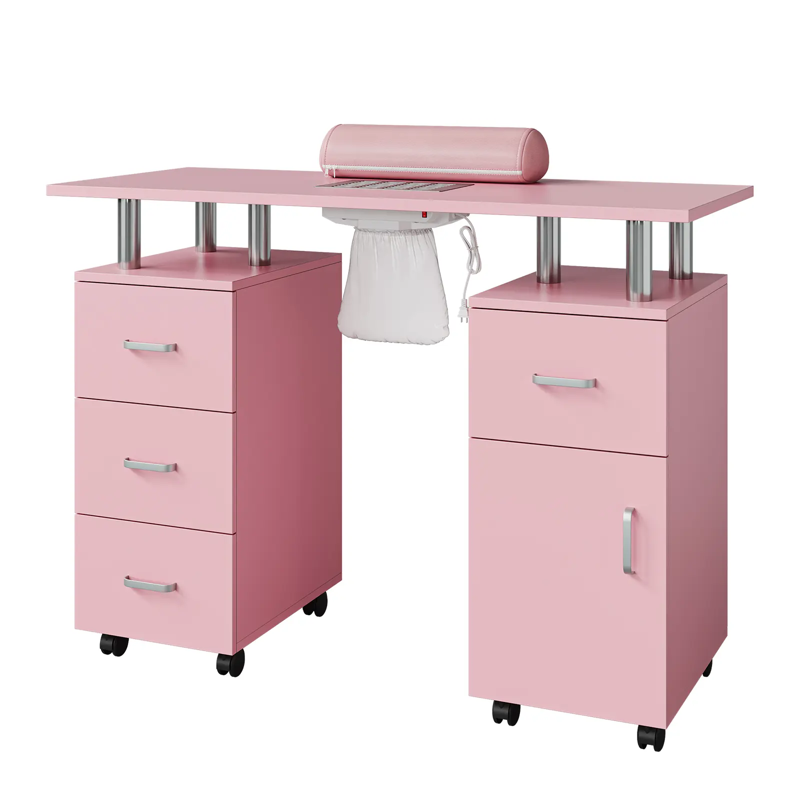 Professional Rolling Nail Tech Desk, Mobile Manicure Station with Built-in Dust Collector, Soft Wrist Cushion and 4 Storage Drawers, Lockable Casters Design for Beauty Salon & Home Use