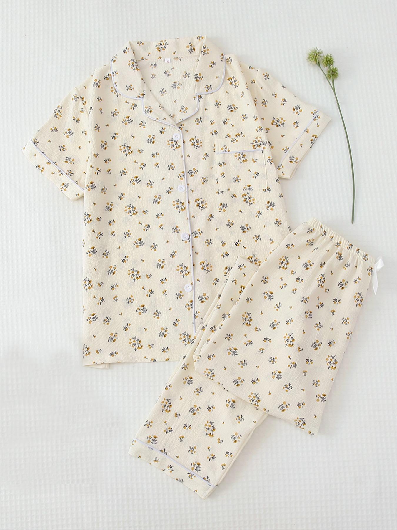 Two-Piece Set Women's All Over Print Pajama Set, Button Front Short Sleeve Shirt & Elastic Waist Pants Lounge Co-ord Set, Casual, Soft Sleepwear Loungewear, Summer Outfits 2024, Lady Summer Homewear, Loungewear