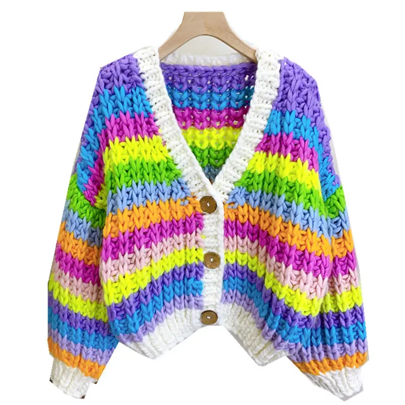 Women's Handknitted Wool Cardigan Sweater - V-Neck Long Sleeve, Colorful Color Block Crochet Design, Modern Unique Fit, Color Matching Comfortable Clothes for Casual Wear, Longsleeves, Tops, Outfits, Free Size, Crocheted Knit, Artisanal Handmade Women's C
