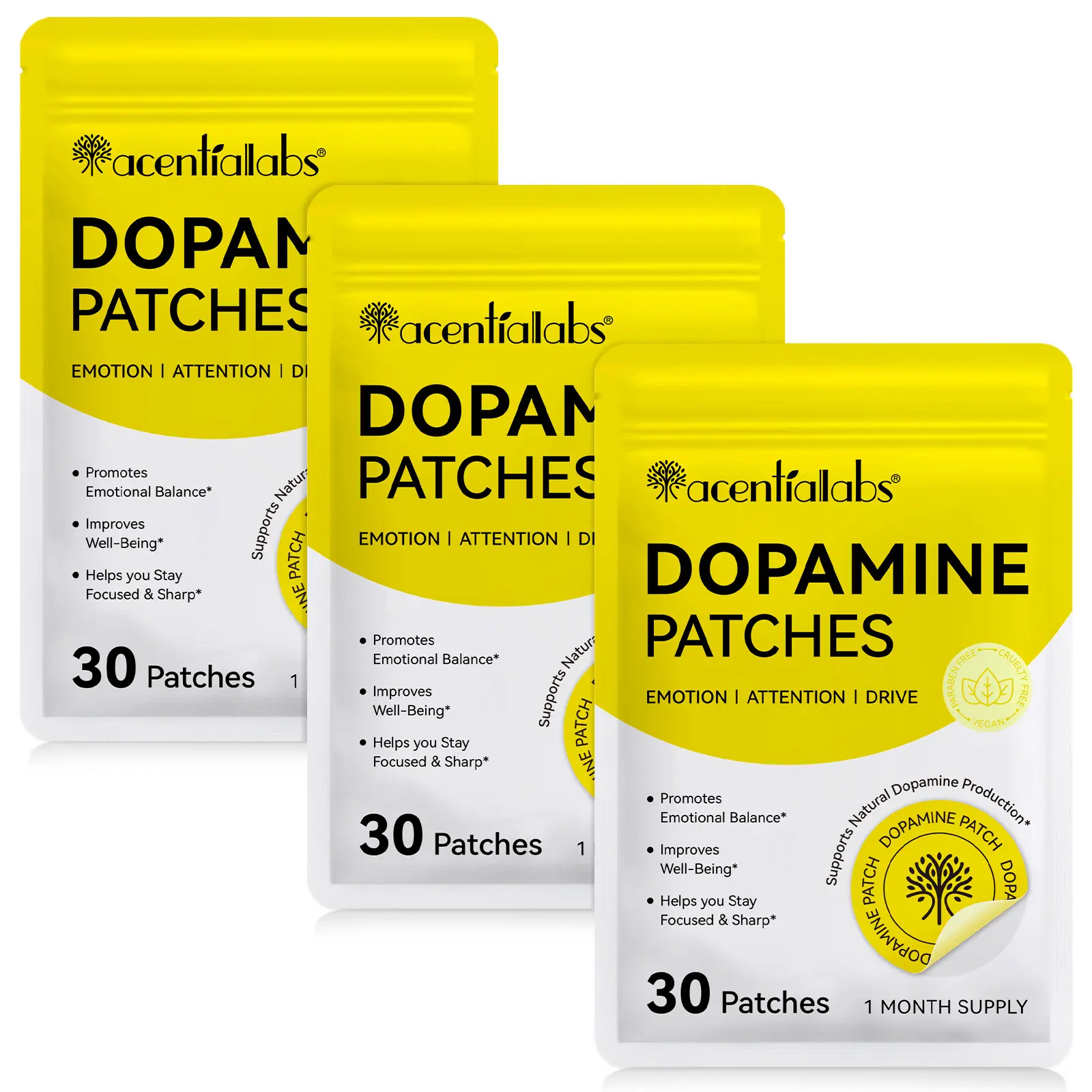 Aceternalabs Dopamine Patches 30 Sheets/3 Pack, Plant-Based Formula, Suitable for Daily Use